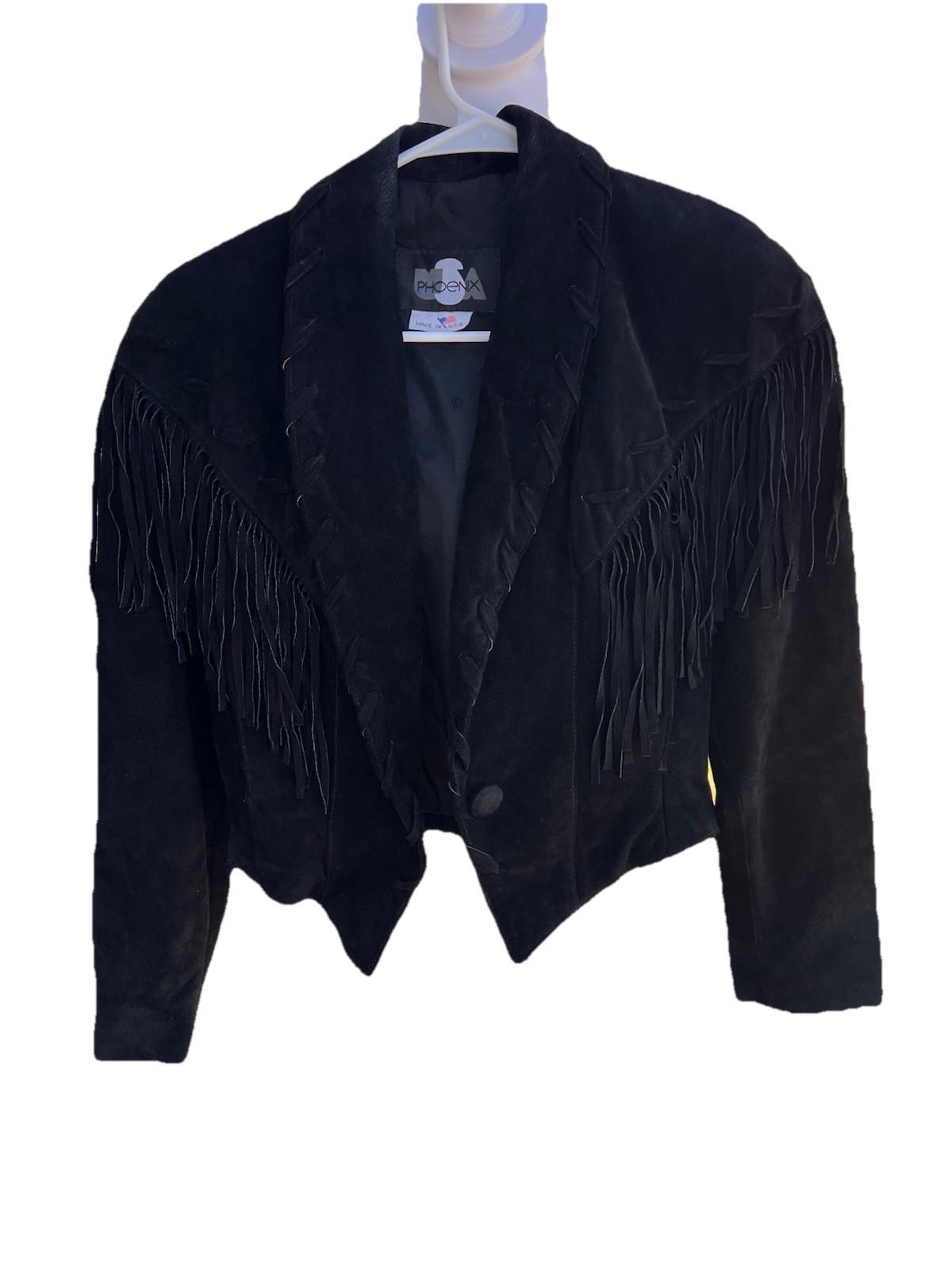 Vtg Phoenix Black Suede Fringe Western Jacket Cropped Whipstitching USA Sz M