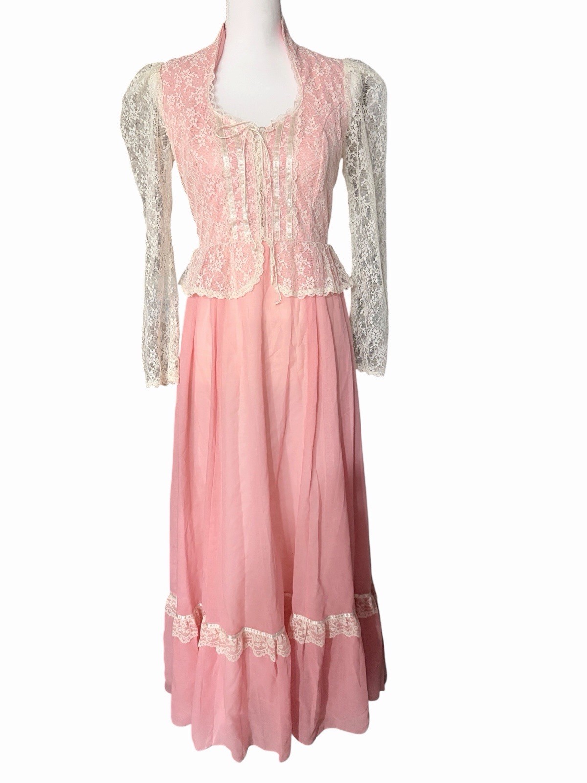 VTG 70s Gunne Sax Pink Lace Prairie Maxi Dress Romantic Cottagecore Size 9