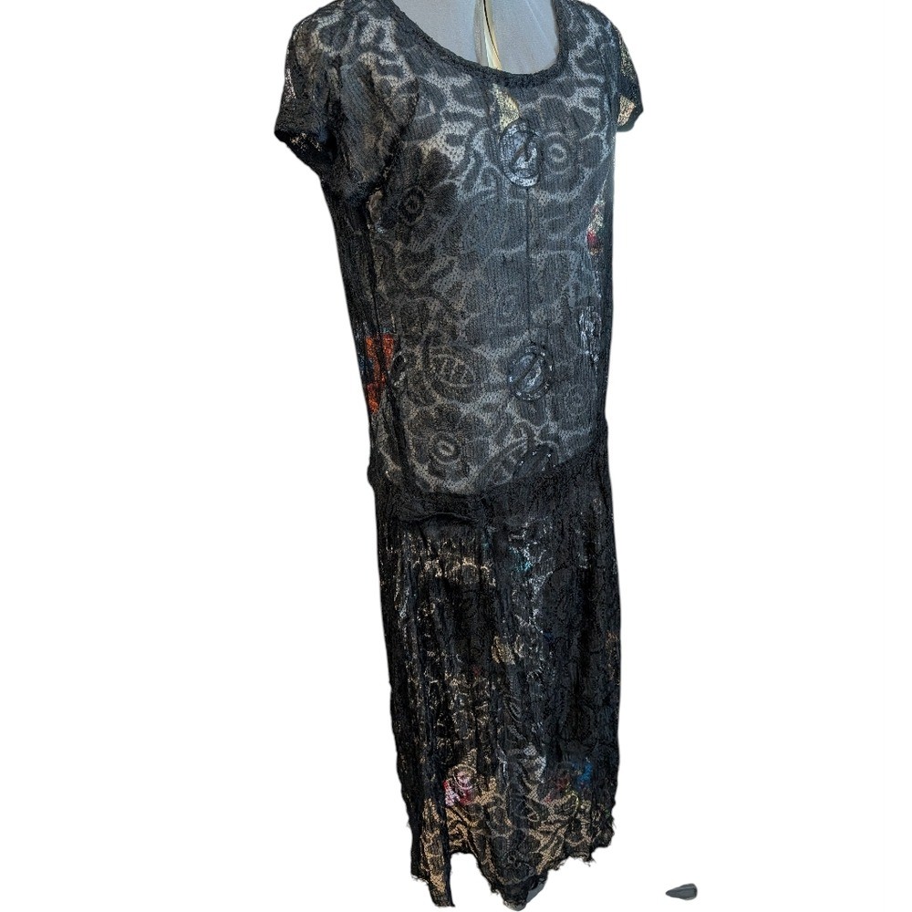 Antique Vintage 1920s Black Floral Lace Pattern Mourning Dress Rare