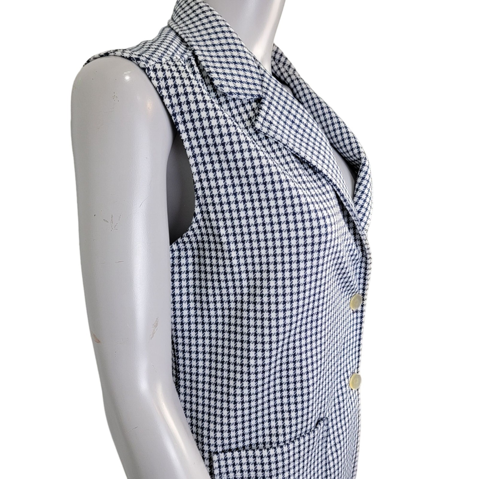 Vintage 70s Vest Jacket Women Medium 8 10 White Blue Top Collar Gingham Retro M