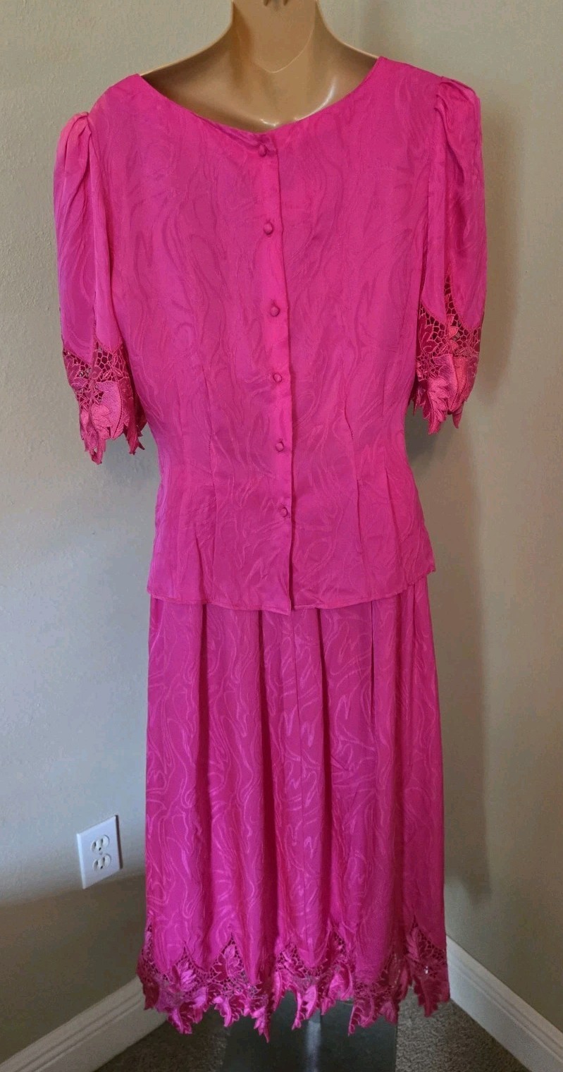 Vintage 80s Cloak of Many Colors Silk Skirt Set Pink Fuchsia Lace 2pc Faded Sz 8
