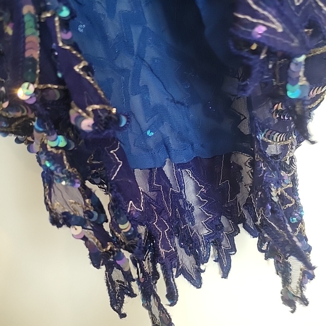 VTG 1970s Evening Gown Dress Womens L Blue 100% Silk Sequin Sheer Rayon Lined