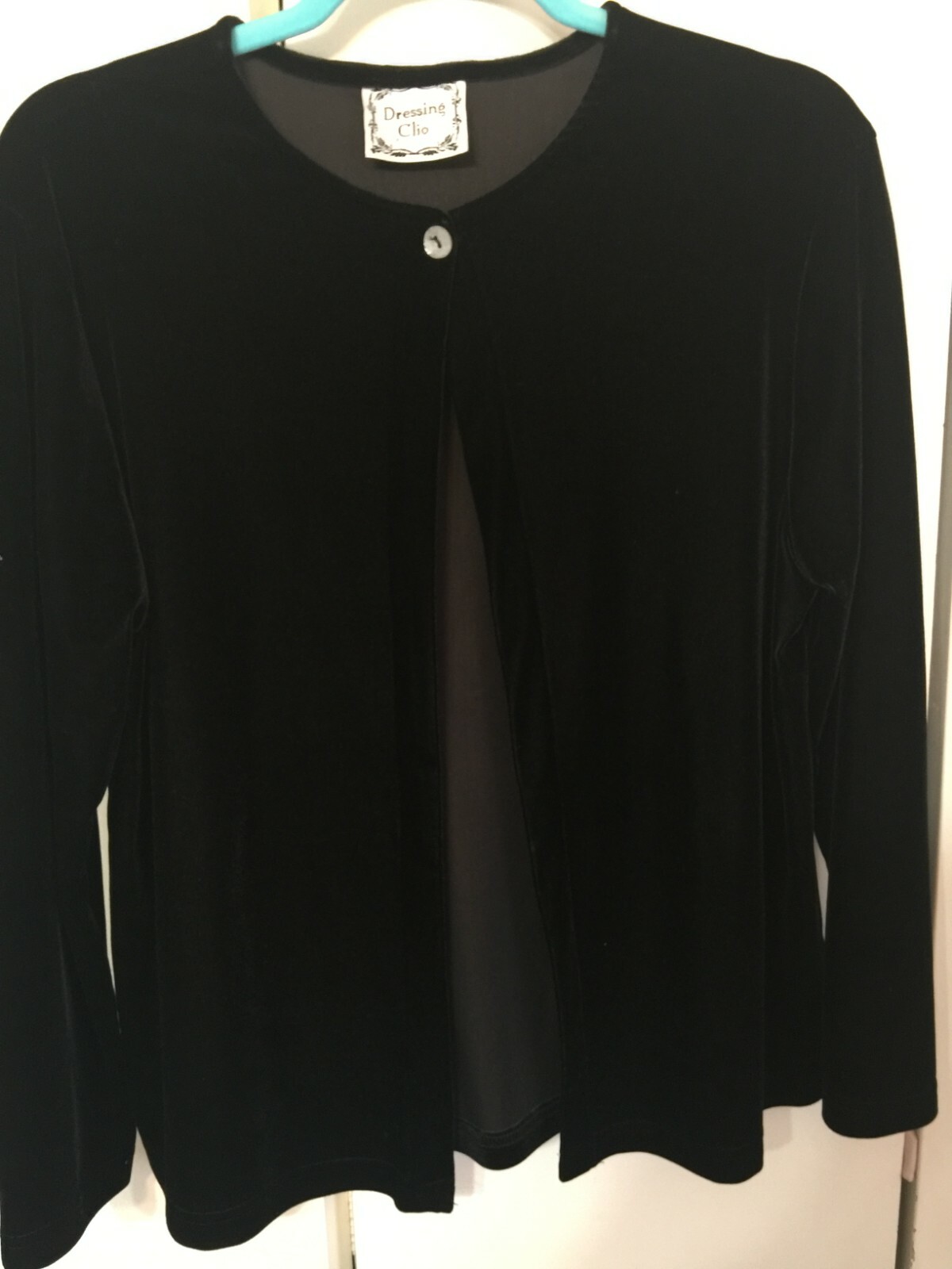 Vintage Dressing Clio black velvet stretchy one button jacket size small lg slev