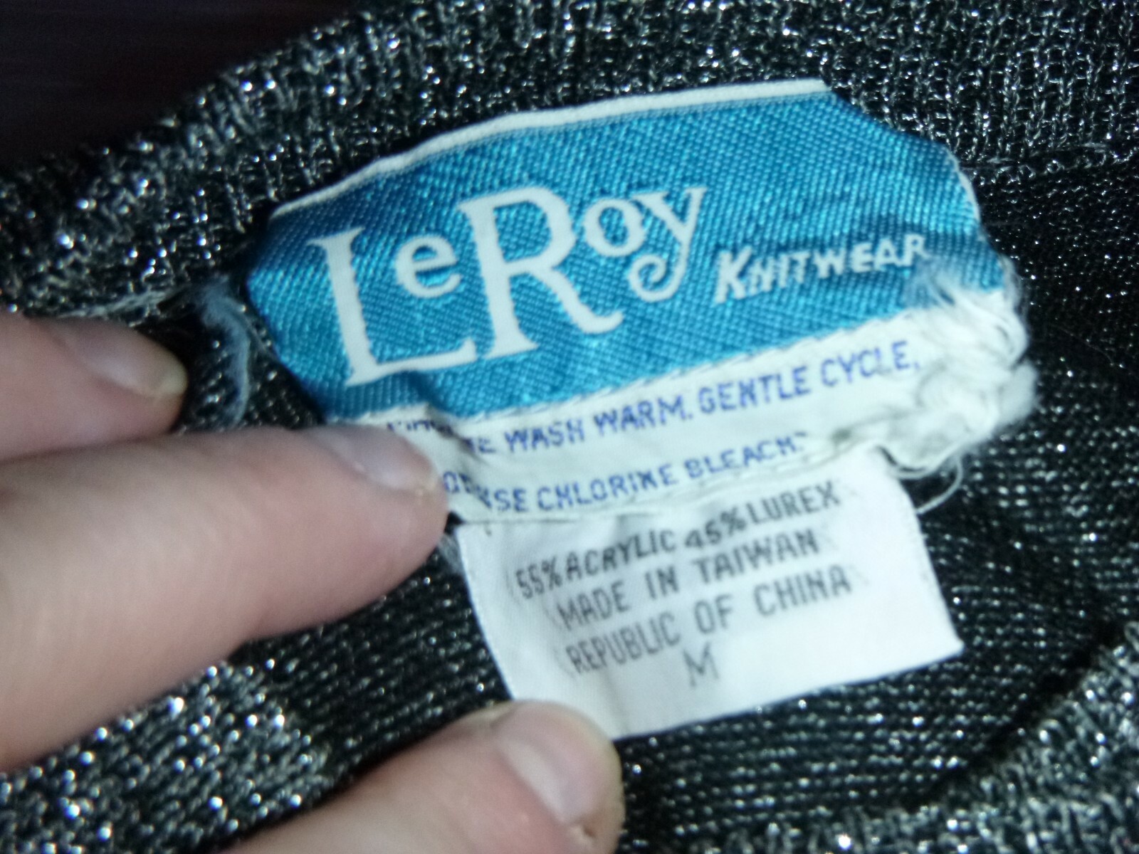 Vtg LeRoy Knitwear Black Silver Lurex Metallic Threads Long Sleeve Sweater Sz M