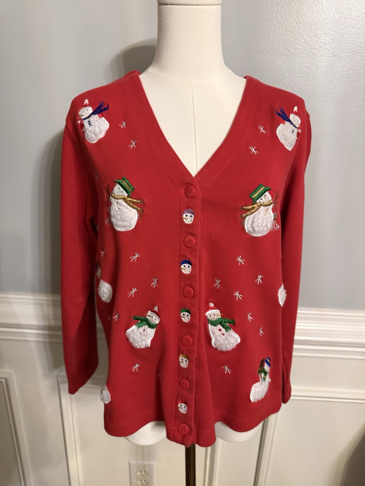 Vintage Y2K BC Snowman Embroidered Christmas Cardigan Sweater, Medium ,Holiday