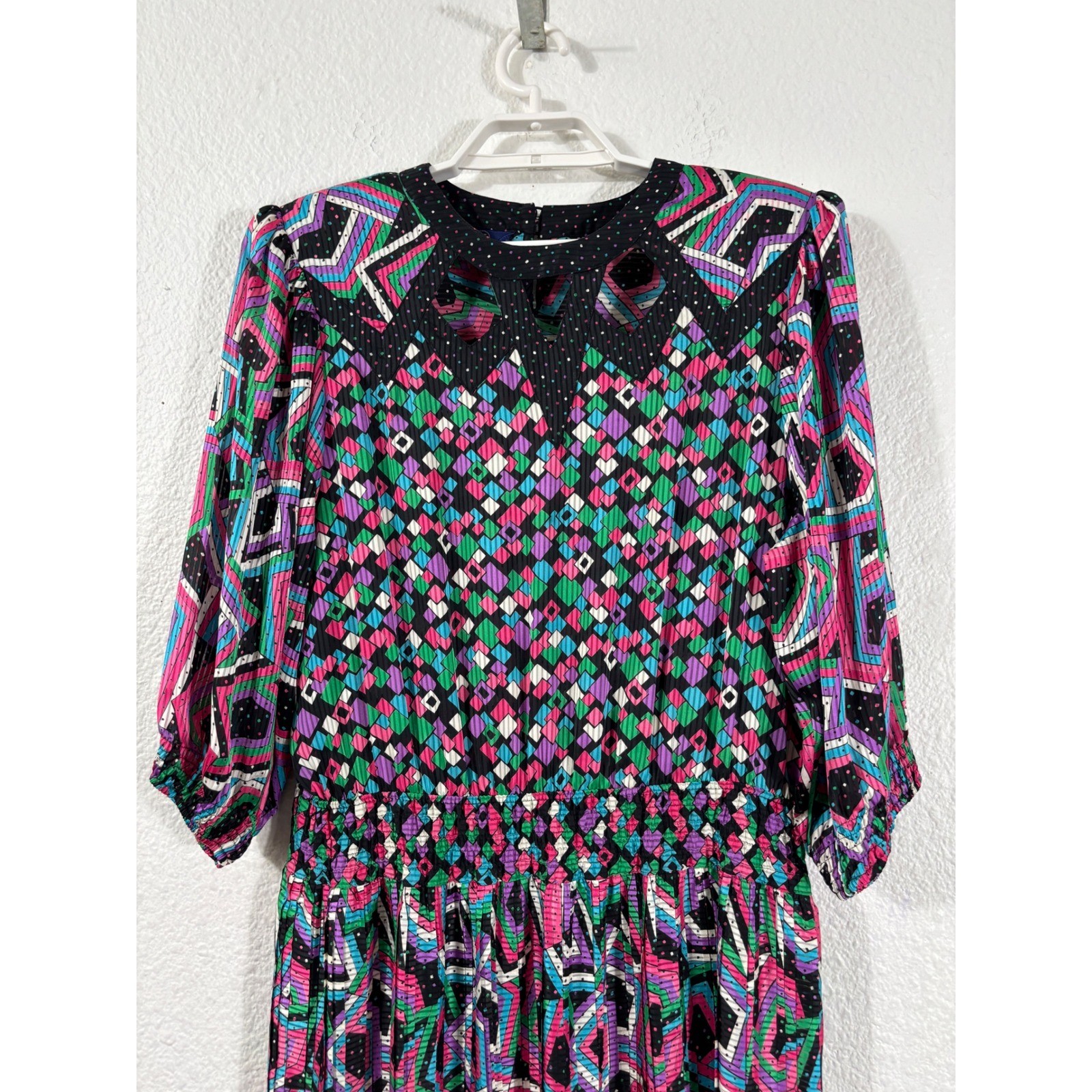 Mayeelok Midi Dress Womens Size Large Multicolor Vintage 80s Geometric Pleated