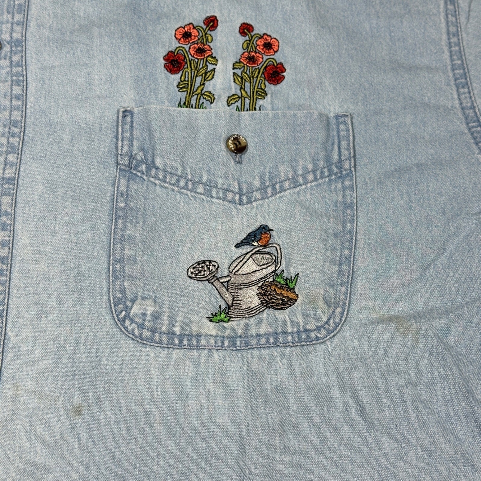 Vintage Cottage Core Denim Shirt Peregrine Bay XL Blue Embroidered Floral