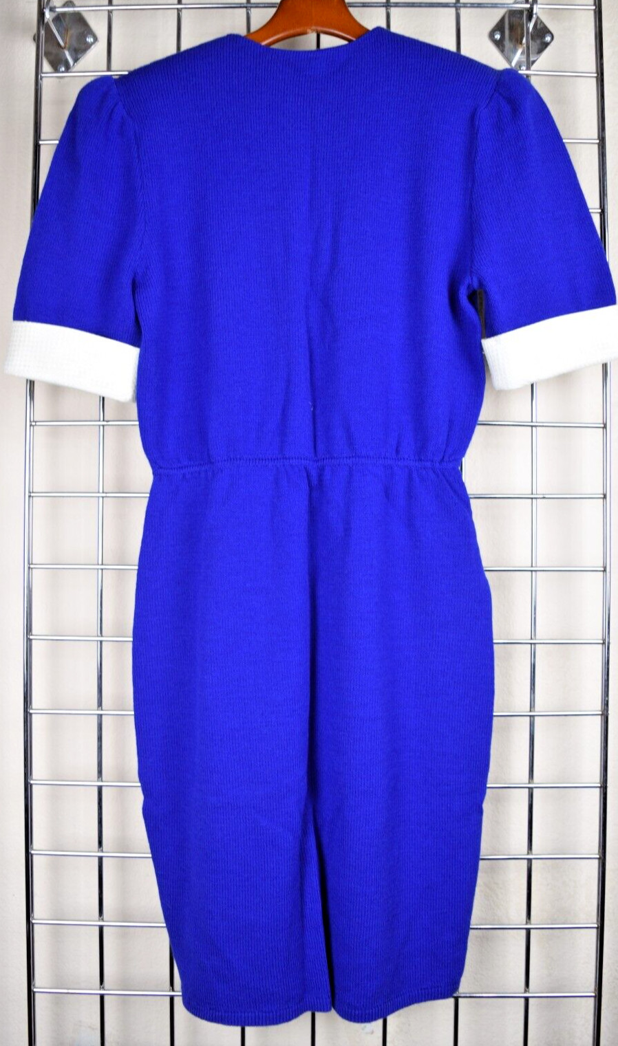 Vintage St John Knit Royal Blue Midi Dress S/M 80s White Buttons Fitted Waist
