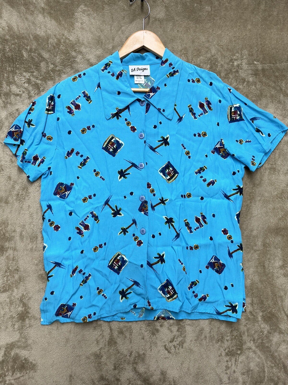 VTG 80s womens SA designs Hawaiian palm tree Button Down Shirt made in USA Blue