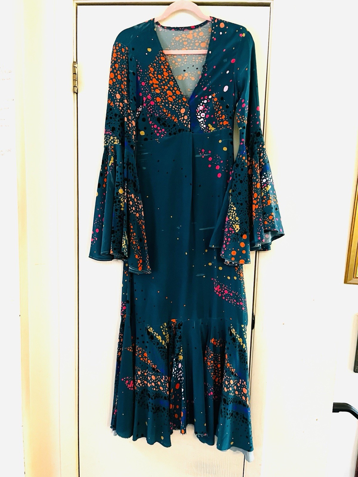 VTG Handmade Silk 70s Bohemian Festival Fairycore Maxi Bell Sleeve Dress