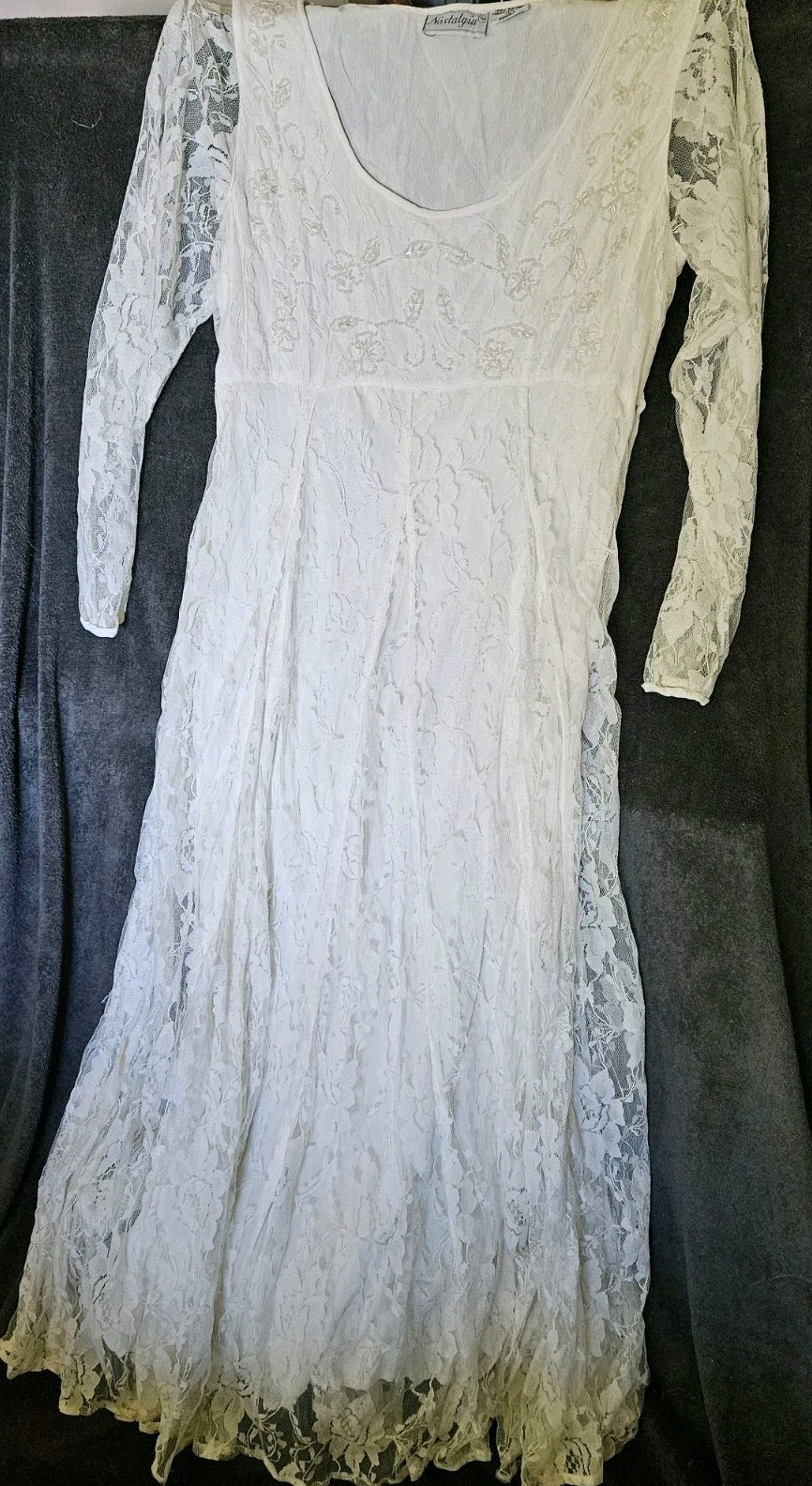 Vintage NOSTALGIA Ivory Off White Lace & Iridescent Beading Maxi Dress*Large