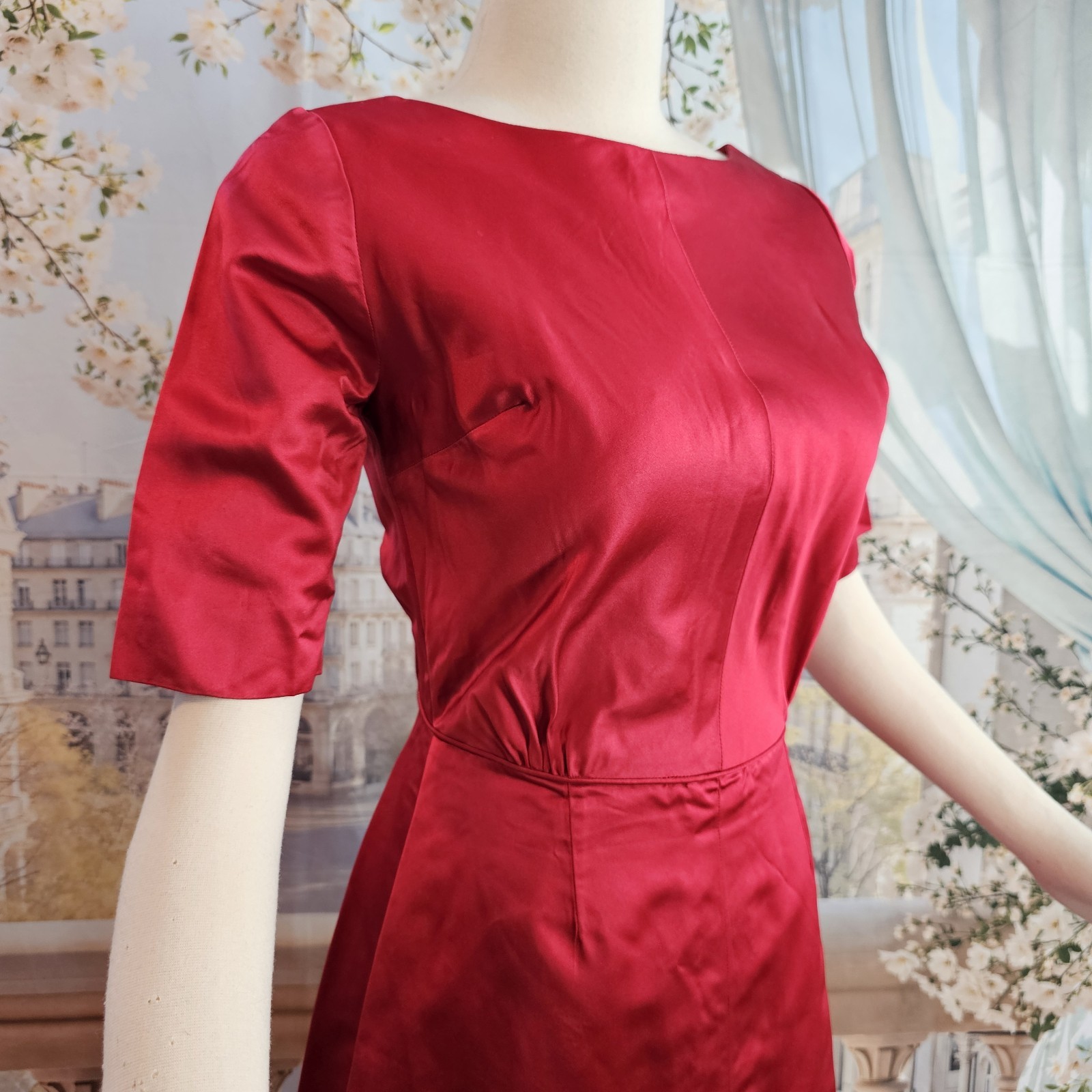 Vintage 1950s Dress Cherry Red Liquid Satin Half Sleeve Pinup Rockabilly