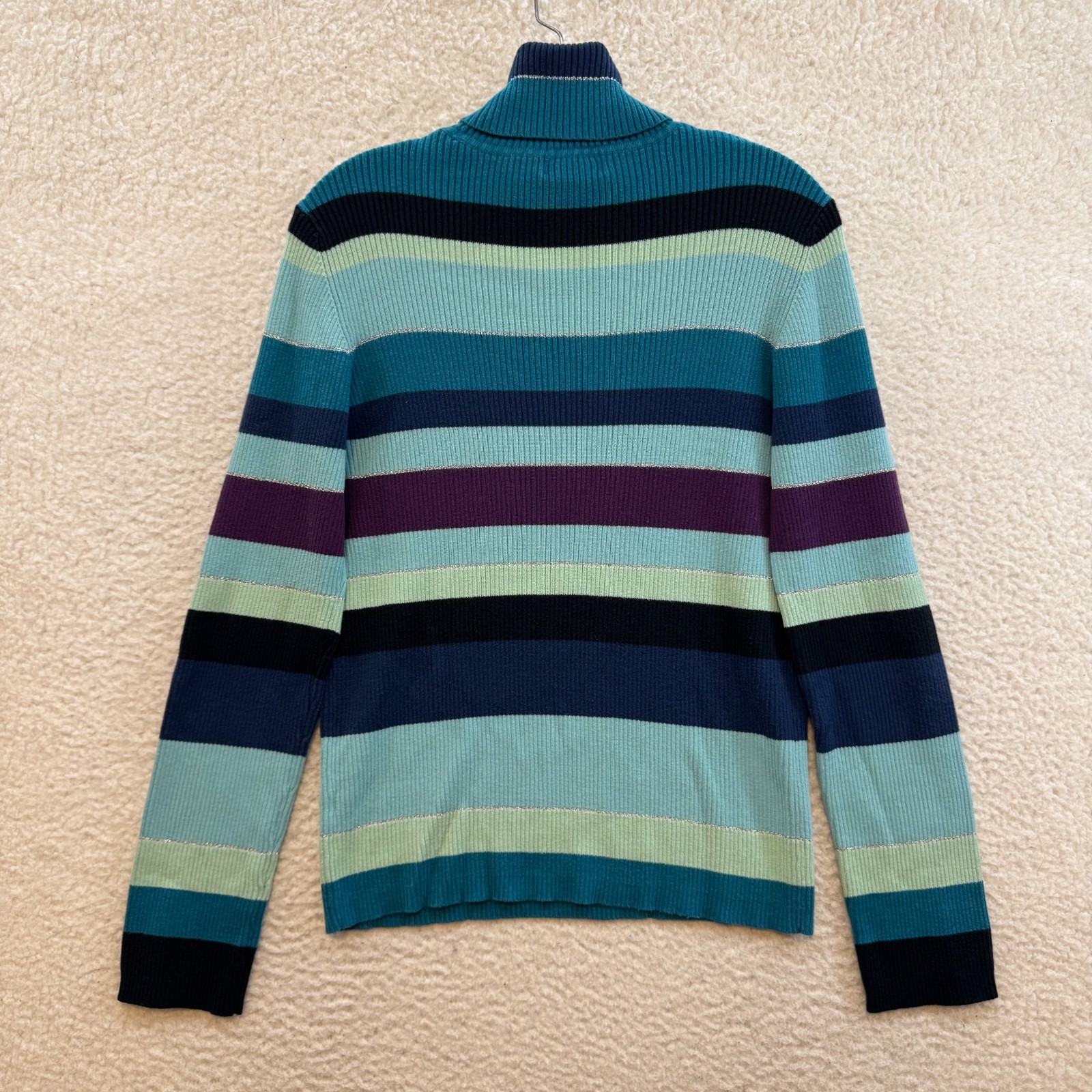 Y2K Vintage Striped Turtleneck Sweater Large XL Womens Blue Purple Rib Knit