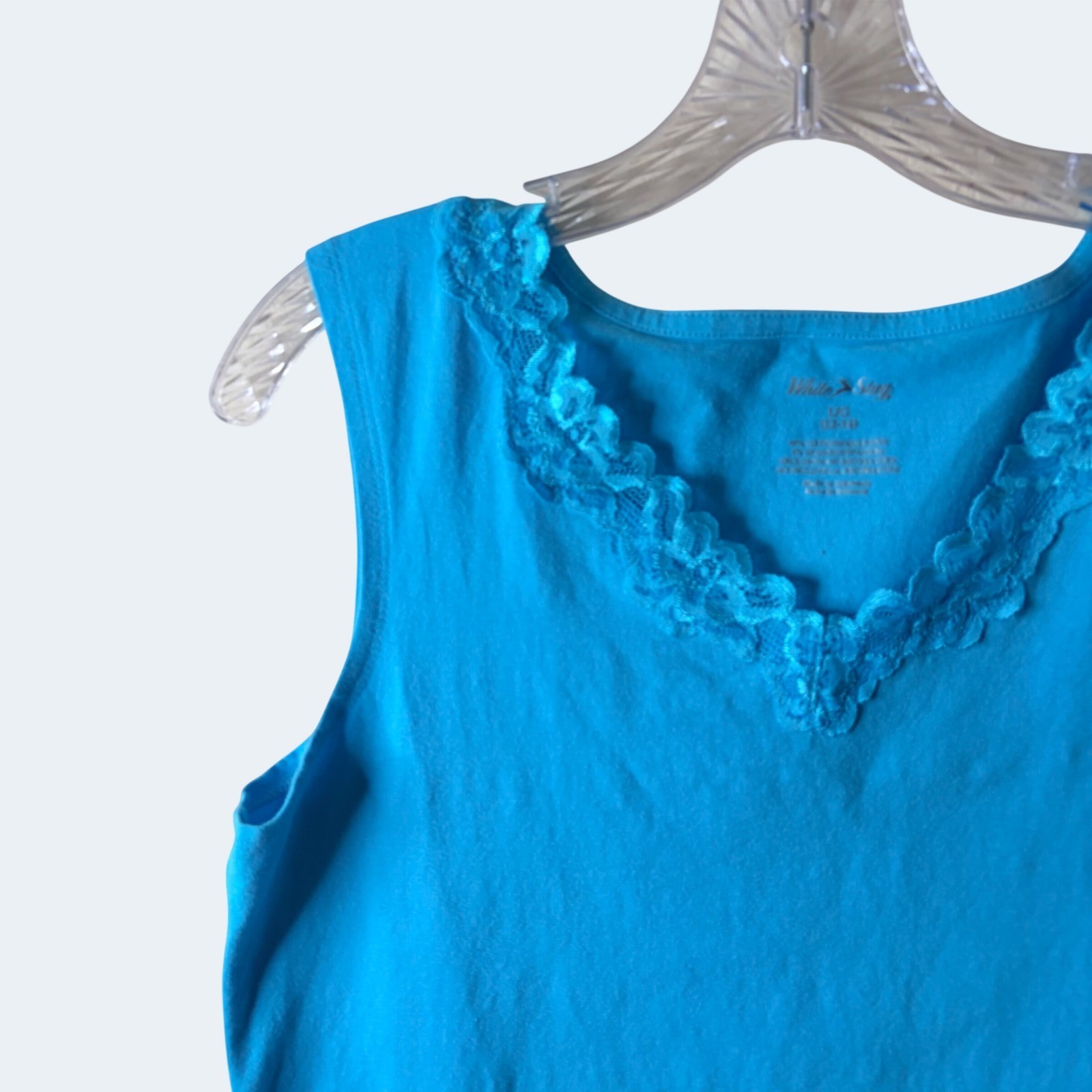 Vintage 90s Y2K White Stag Blue Floral Lace Trim V Neck Tank Top Large 12 14