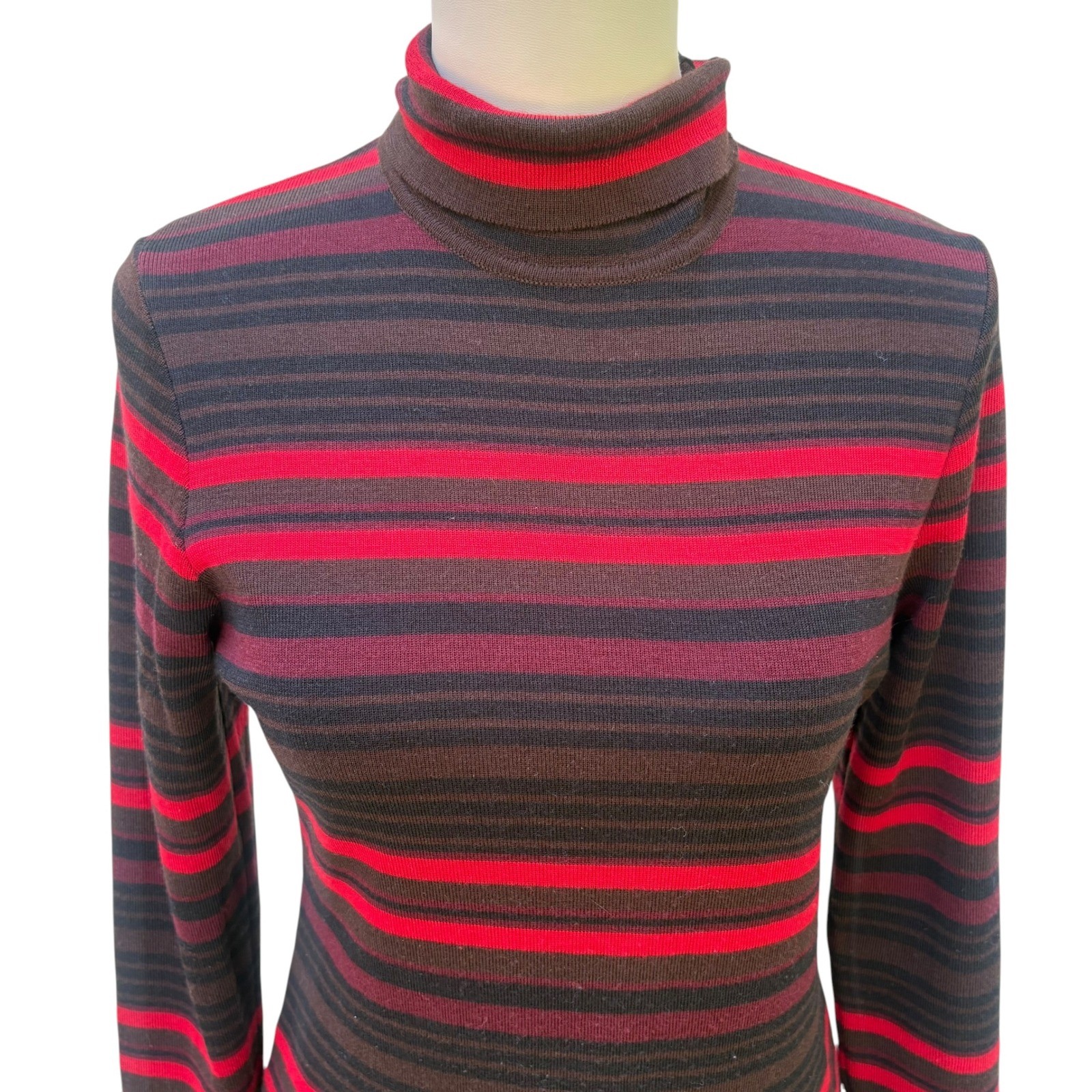 VTG Henri Bendel Sweater Turtleneck L Red Brown Striped Extrafine Merino Wool