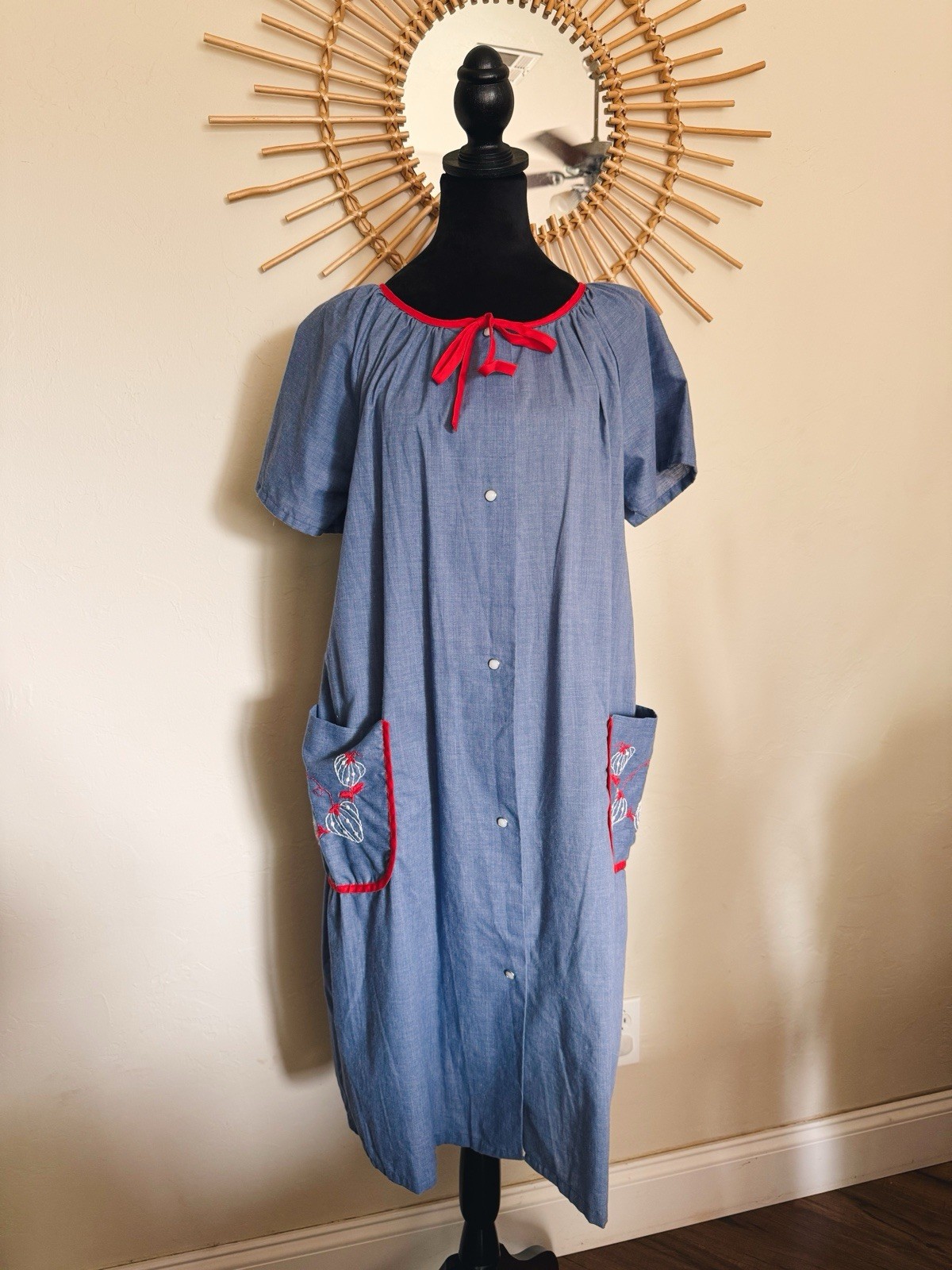 Vintage 1970s Plaza 9 Embroidered Strawberry Blue & Red Mumu Dress Size Medium