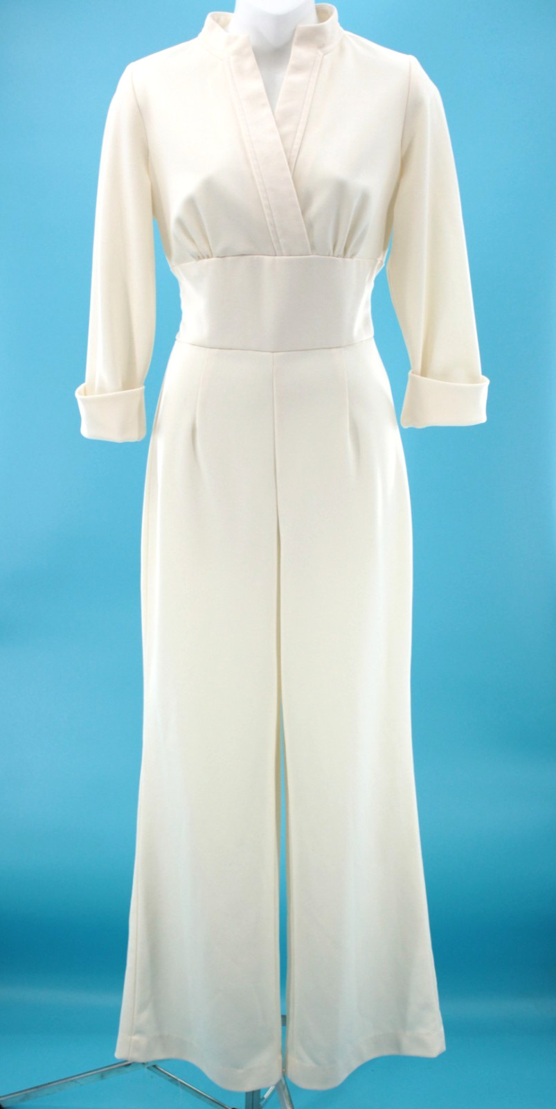 Vtg Women’s 70s White Cuff Sleeve Polyester Jumpsuit Sz M 1970s C.M. Courtney