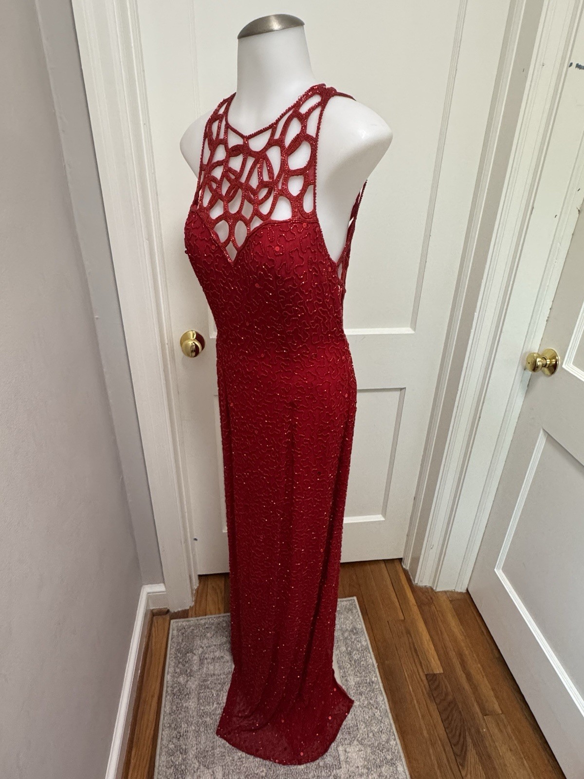 Sean Collection Vintage 90s Red Sequin Silk Gown Beaded Cage Back Formal L