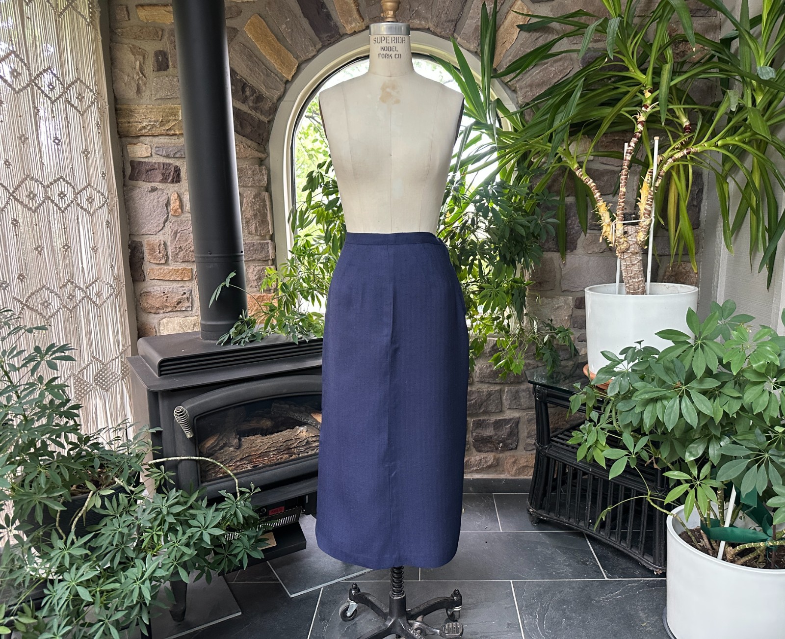 Vintage 1950s Nelly de Grab Navy Blue Textured Linen Look Rayon Skirt Suit Set