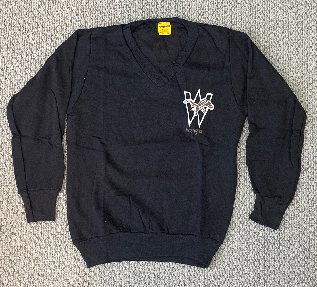 VTG 70s Wrangler V Neck Logo BlackBrown Sweater Cotton/Acrylic Men/Woman XSM NOS