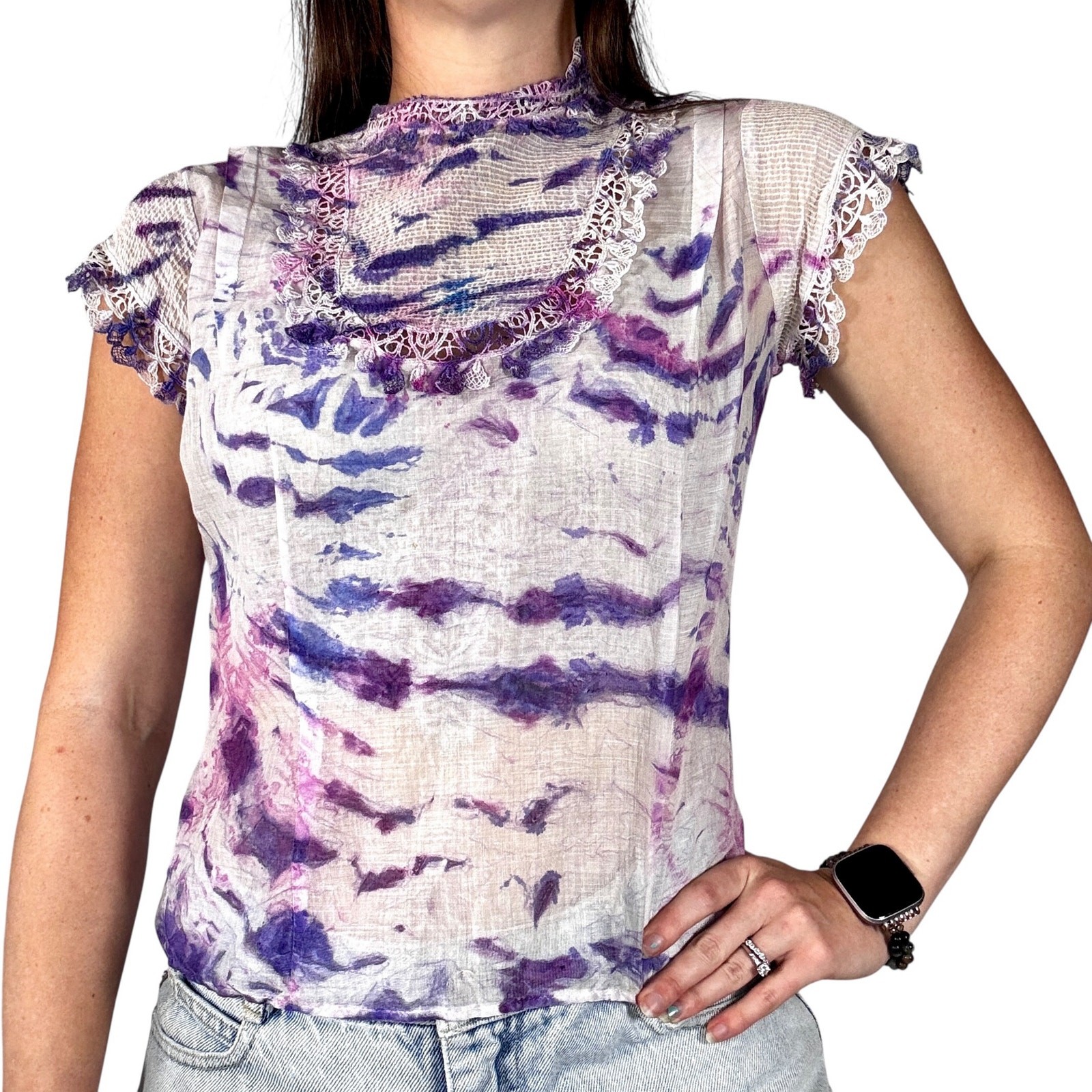 Antique 1940s Hand Dyed Shibori Silk Cotton Blouse Lace Micropleated Purple Blue