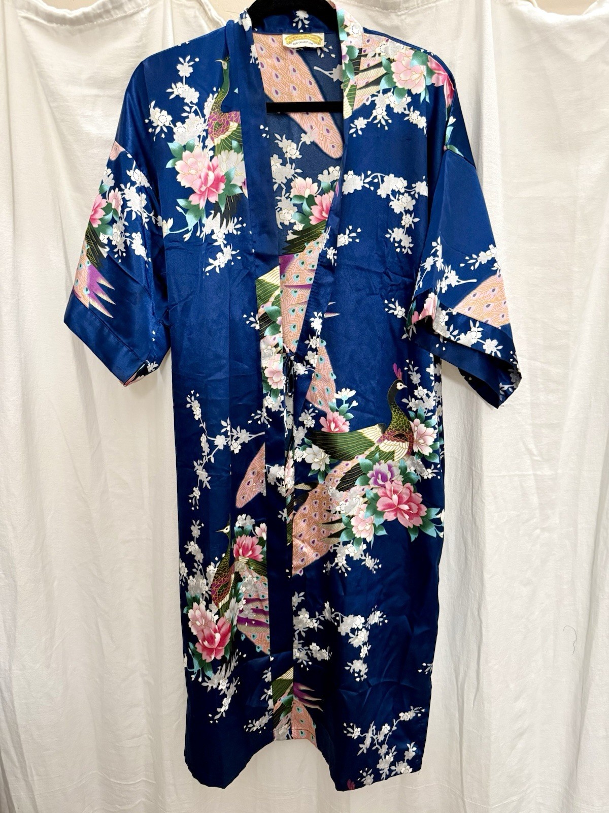 VTG 90s Silk Peacock Kimono Robe Blue Floral Statement Boho Lagenlook Luxe
