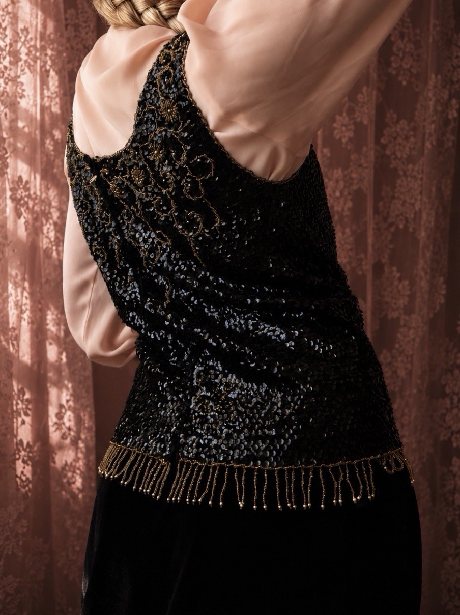 1920s Black + Metal brass beaded Art deco opera top