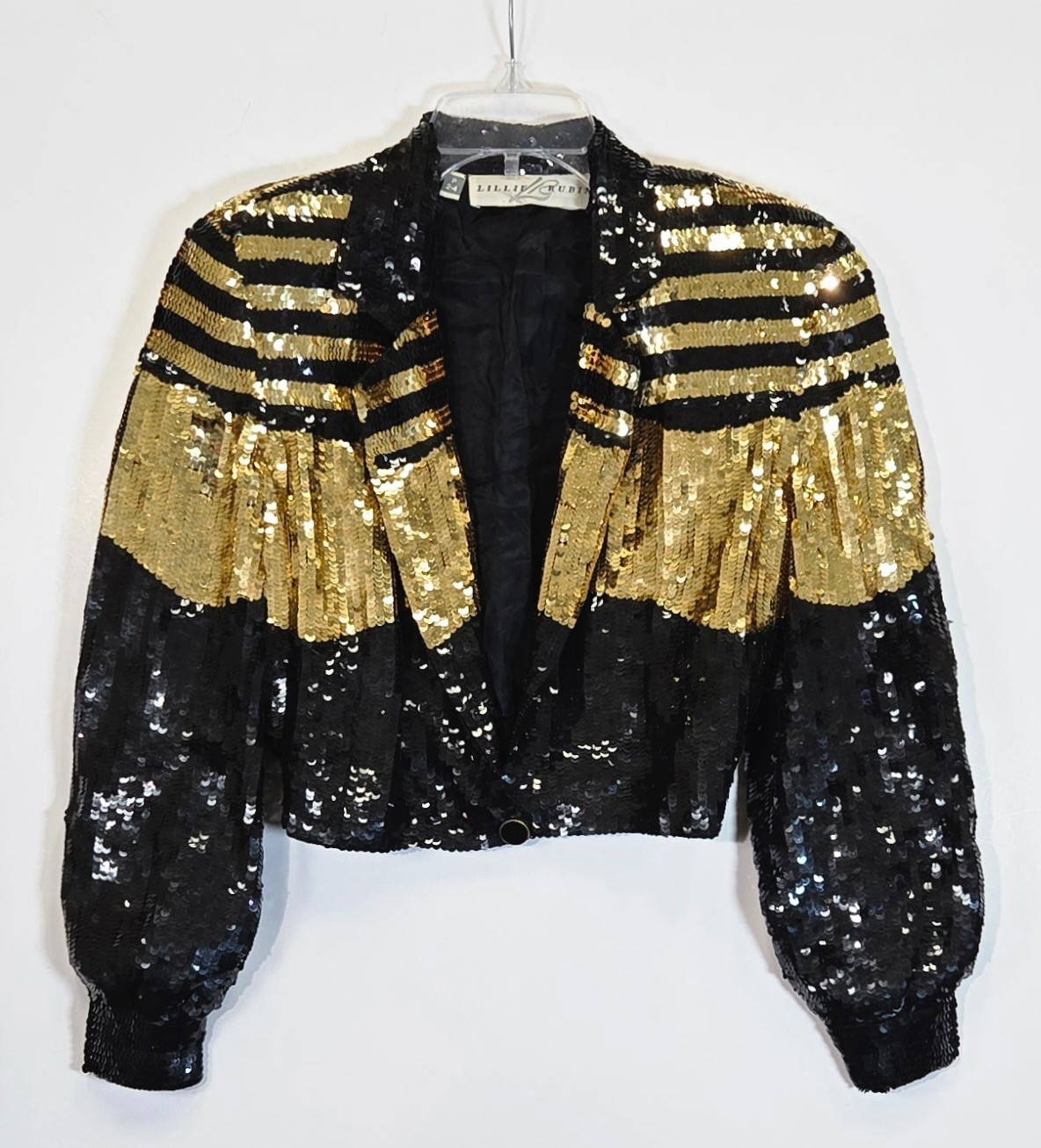 Lillie Rubin Vintage 80s Gold & Black Sequin Bomber Jacket sz 4