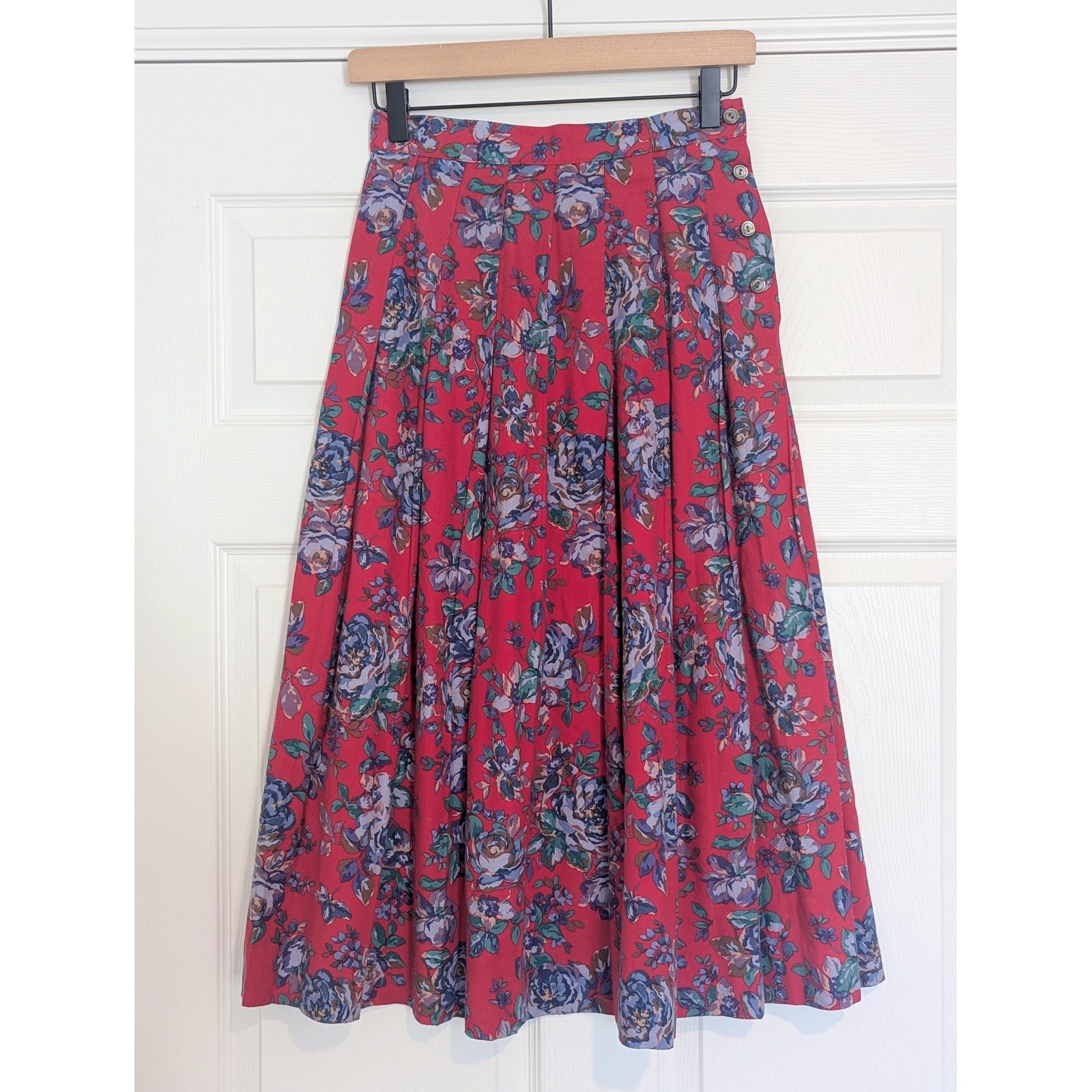 Vintage Laura Ashley Red Floral Cotton Wool Pleated Midi Skirt Made in UK Size 8