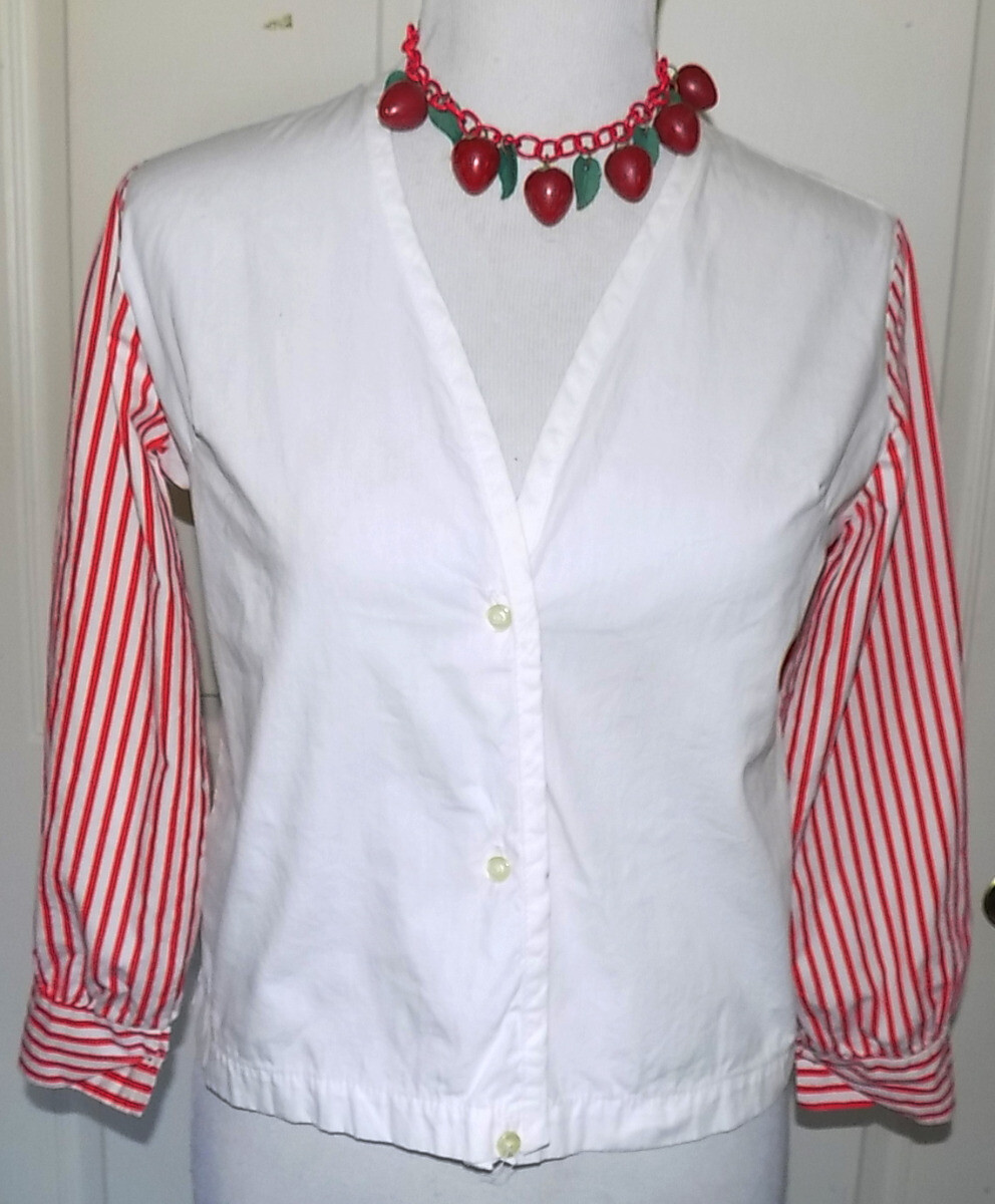 Vintage White Cotton Blouse Red Stripes Button Down B36 ***