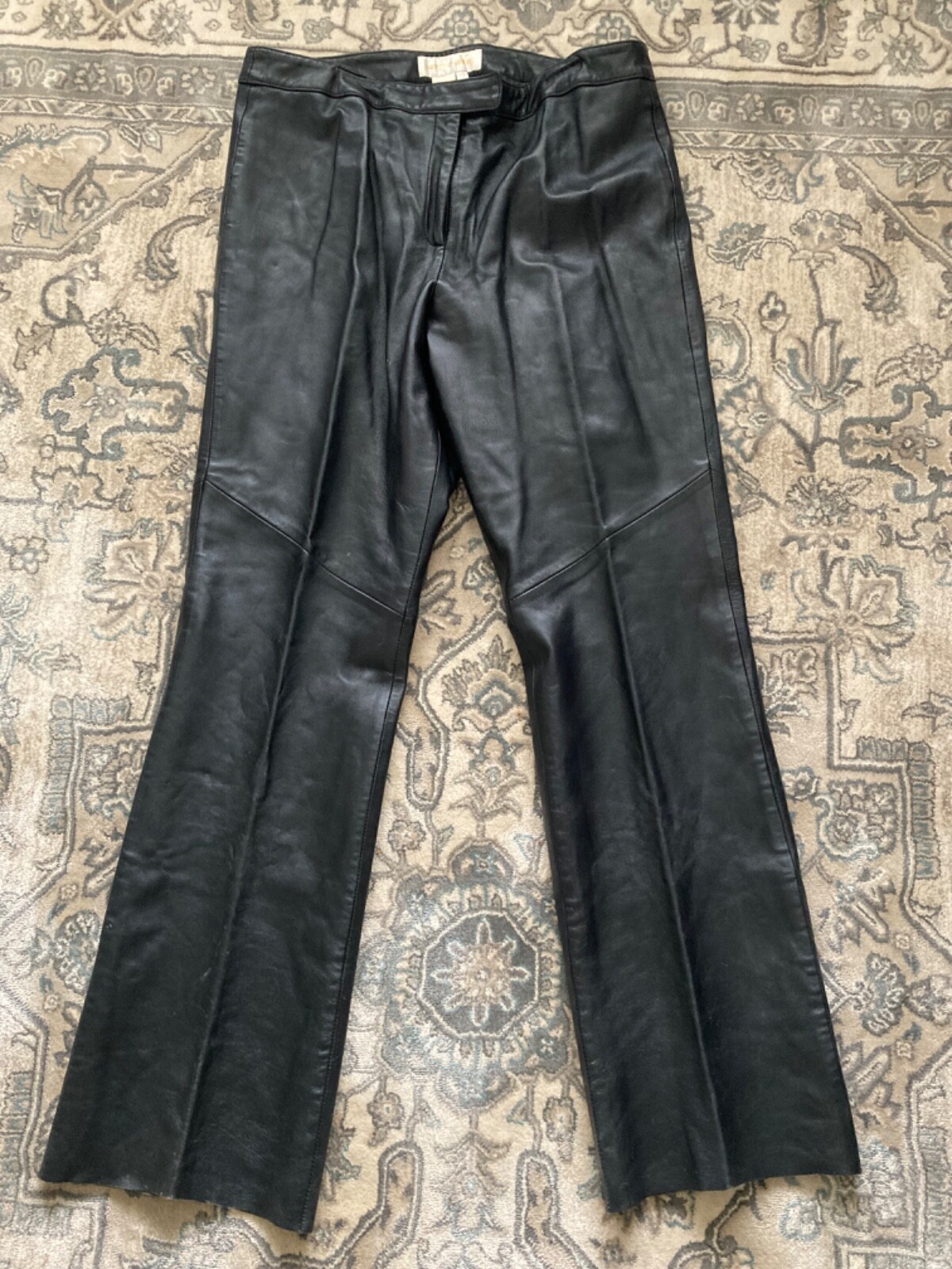Vtg 90s Margaret Godfrey Black Patch Leather Flared Pants Y2K Soft Lined 14