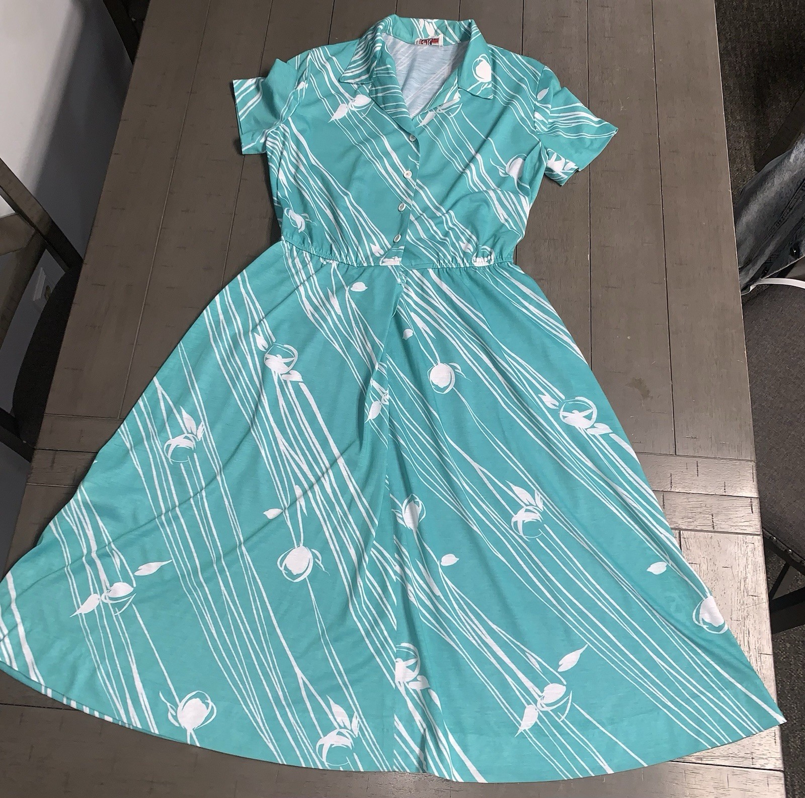 A7 VTG 80s R&K ORIGINALS TROPICAL FLORAL AQUA/WHITE SHIRT DRESS 7/8 ROCKABILLY