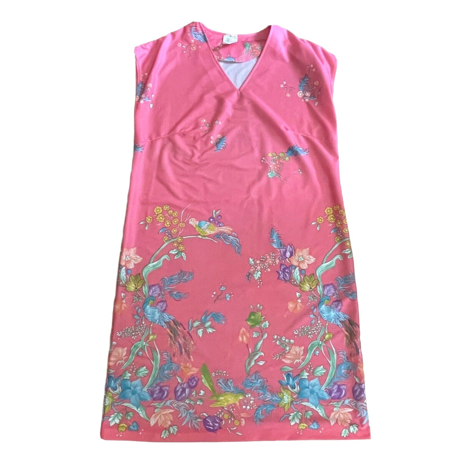Vtg 80s Women Union Made USA Pink Polyester Shift Muumuu Dress Tropical Bird 20