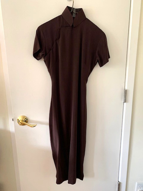 RARE 1940s Vintage Qipao Cheong Sam Heavy SILK Chinese Dress *Slinky” DK BROWN