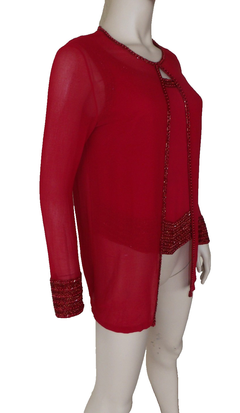 JKARA New York 8 M Cardigan Topper Jacket Tank Top Red Sheer Beaded Vtg 90s Retr