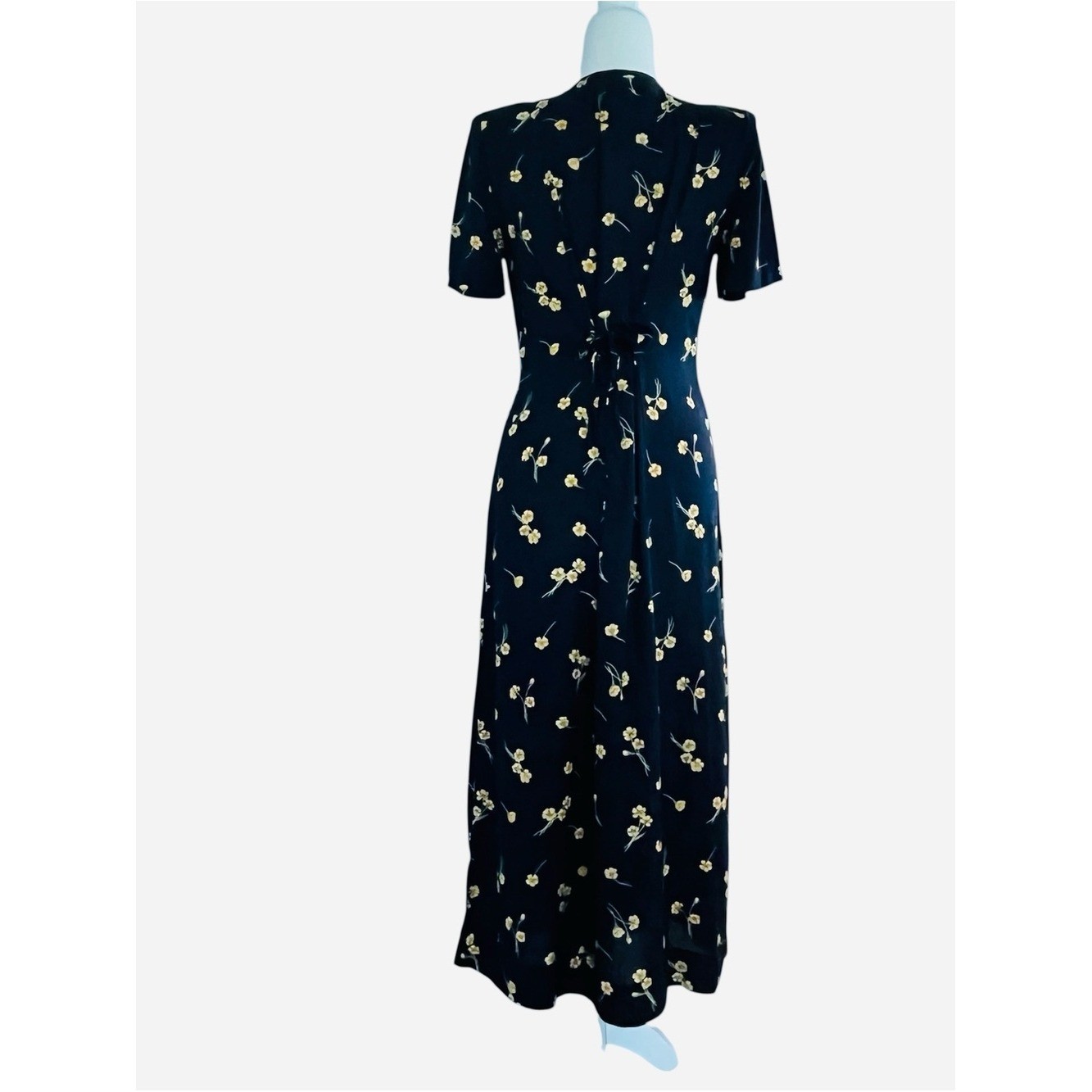 Jessica Howard Navy Maxi Dress Yellow Floral mother pearl buttons Vintage Sz 8