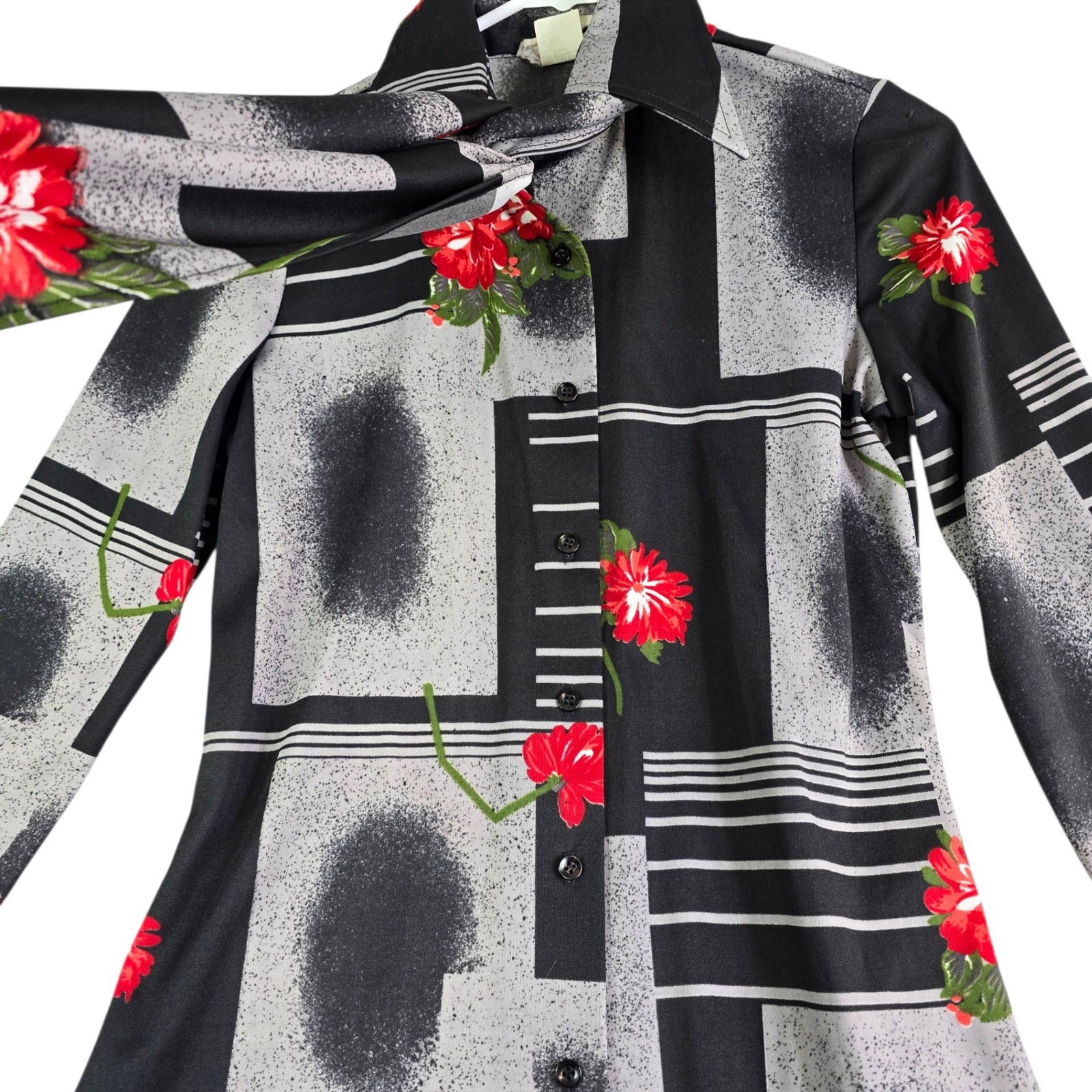 Vintage Trissi Blouse Women S Black Gray Red 70s Geometric Floral Tie Neck Scarf