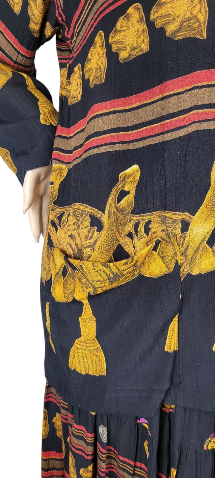 Vtg CL Carole Little Black Gold Tassel Etruscan Revival Gauze Skirt Top Set 8/10