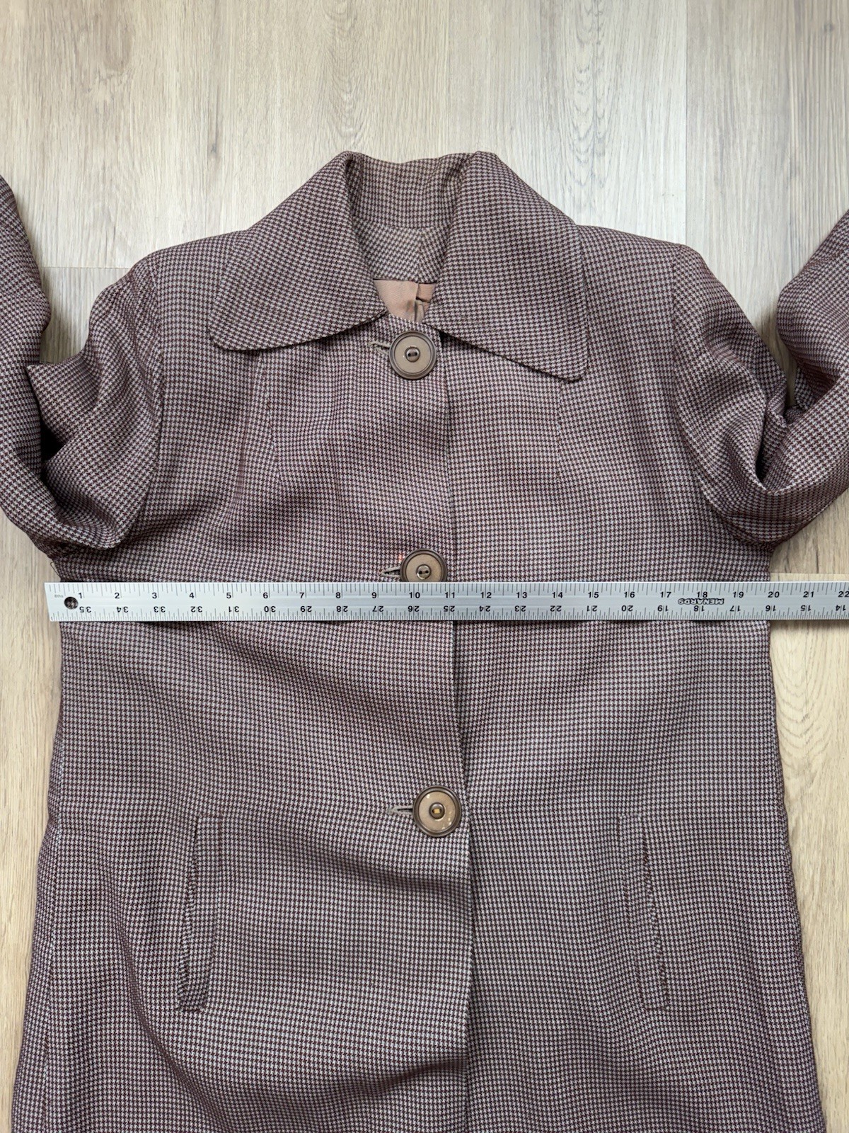 50s Vintage Houndstooth Gabardine Long Coat Women’s Medium Tailored Bespoke