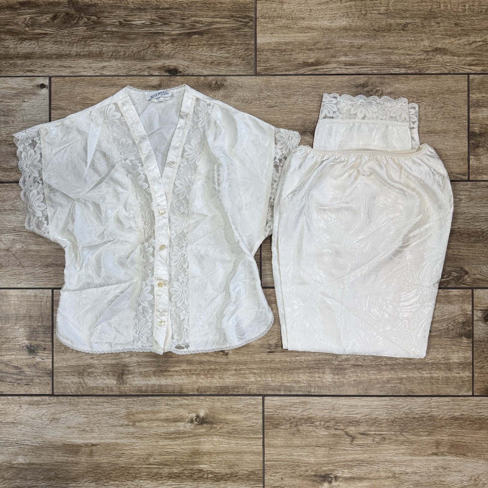 Vintage Lily Of France Sleepwear cream Silk Lace Pajama Top Pants Set