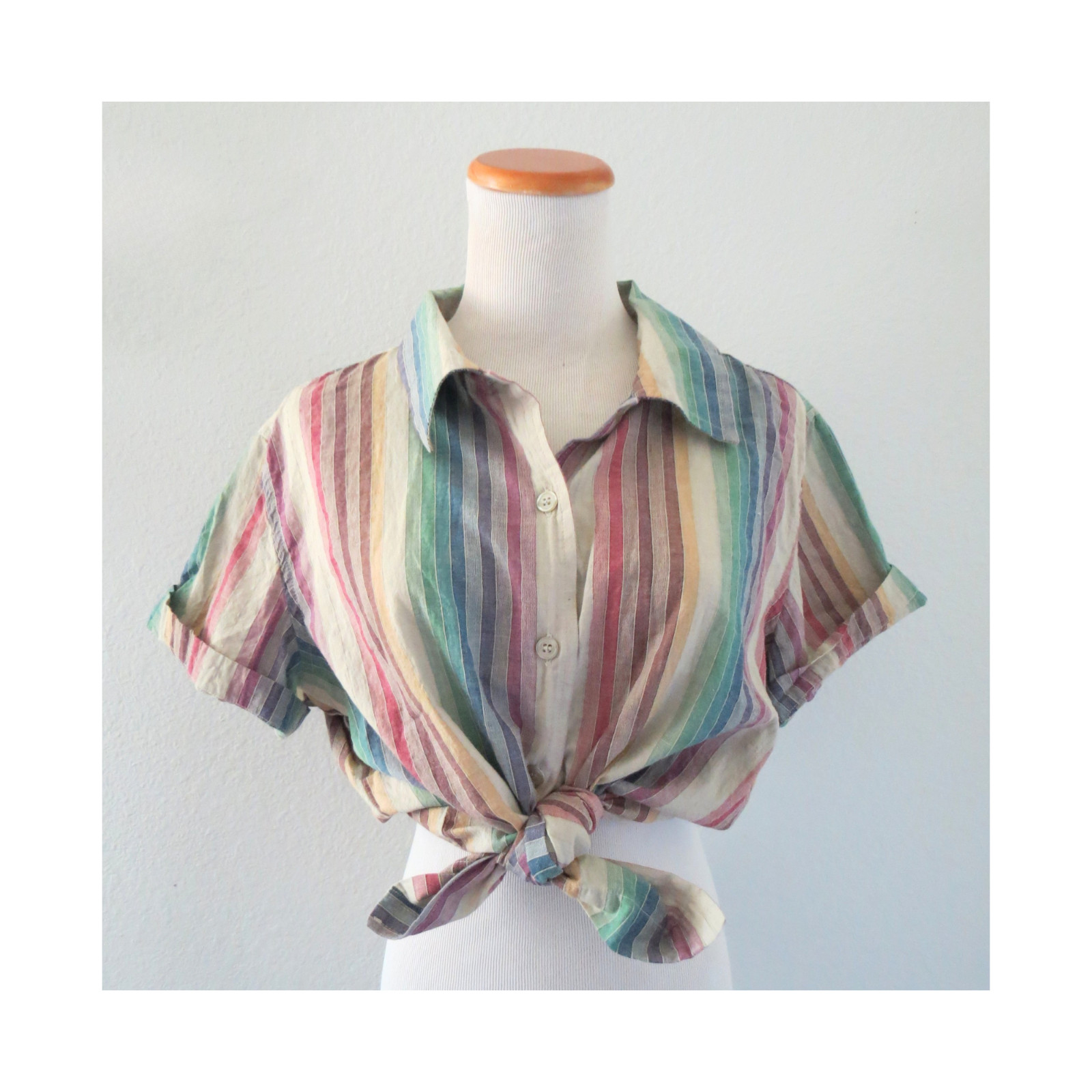 Vintage Rainbow Striped Blouse – Cotton Short Sleeve 90s Y2K Top – Large