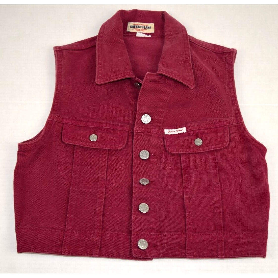 Vintage Guess Jeans Vest Size M 90s Wine Red Silver Buttons Made USA