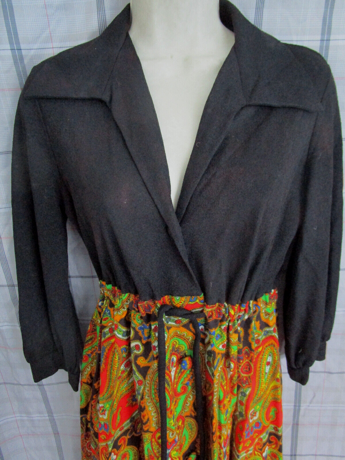 Vtg 70s Hippie Hostess Gown Psychedelic Lounge Paisley Print 2 Tone Maxi Dress