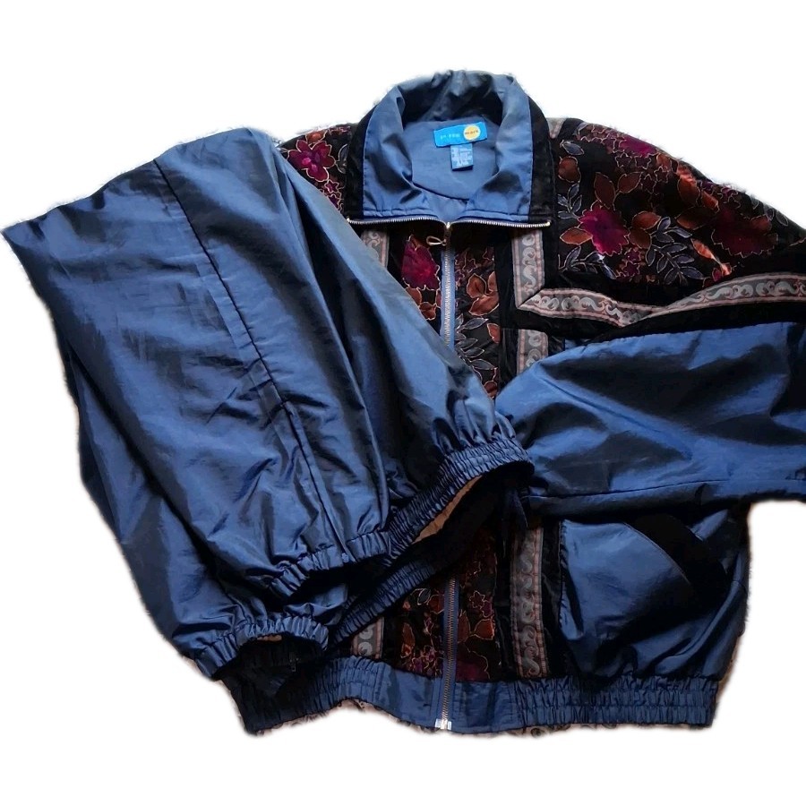 Vintage 80s 90s Retro Windbreaker Tracksuit Womens L Blue Black Floral Mint!