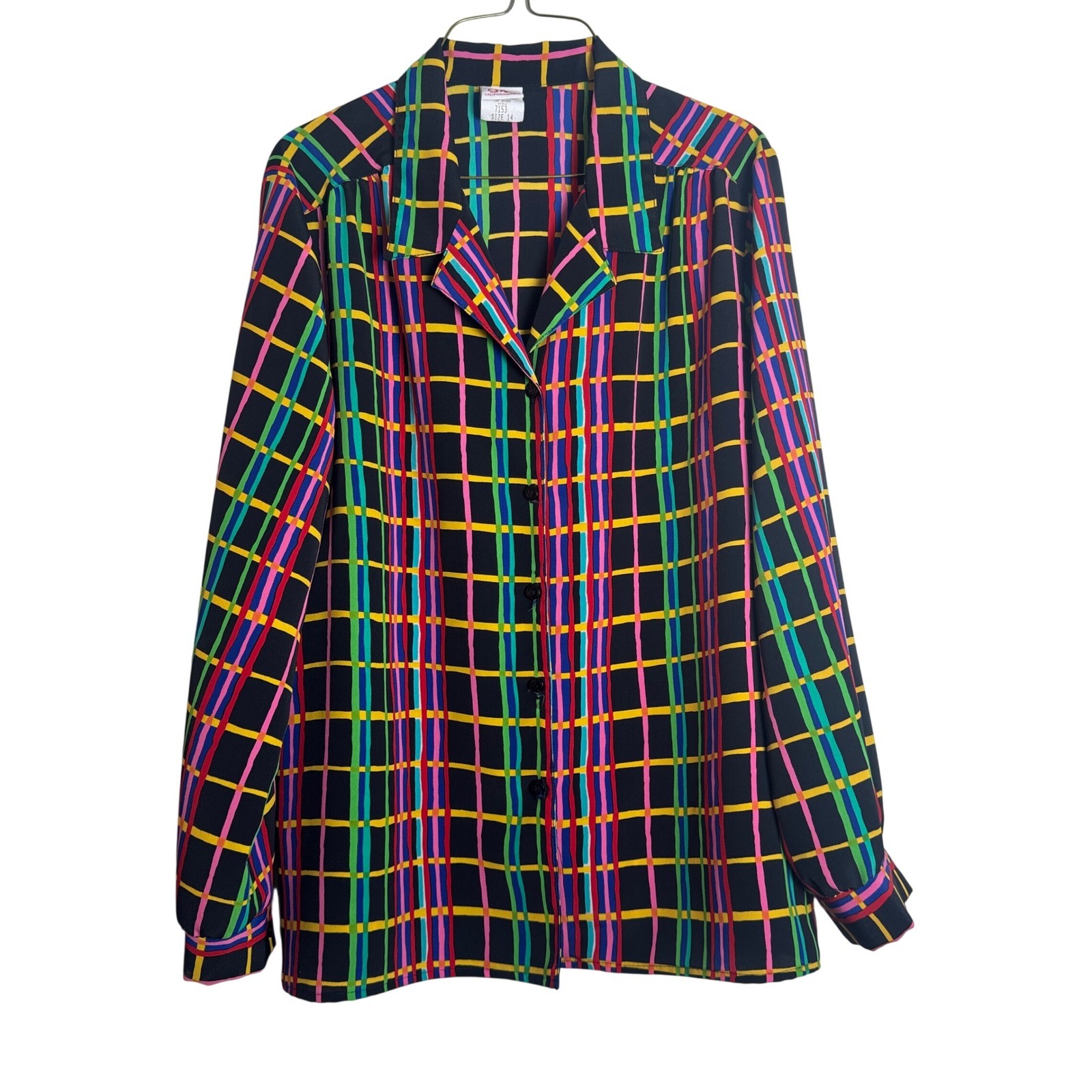 Vintage Graff Californiawear Rainbow Grid Plaid Button Up Blouse Size 14