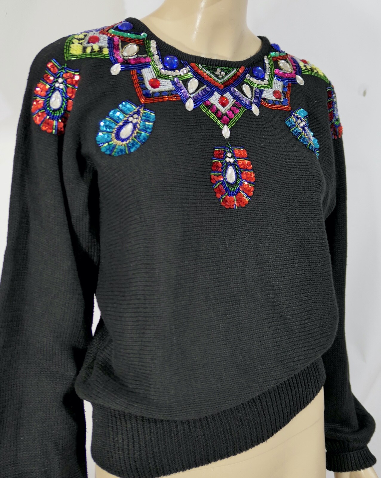 Vintage 80s Crystal Kobe Beaded Jewel Sequin Neckline Ramie Sweater M