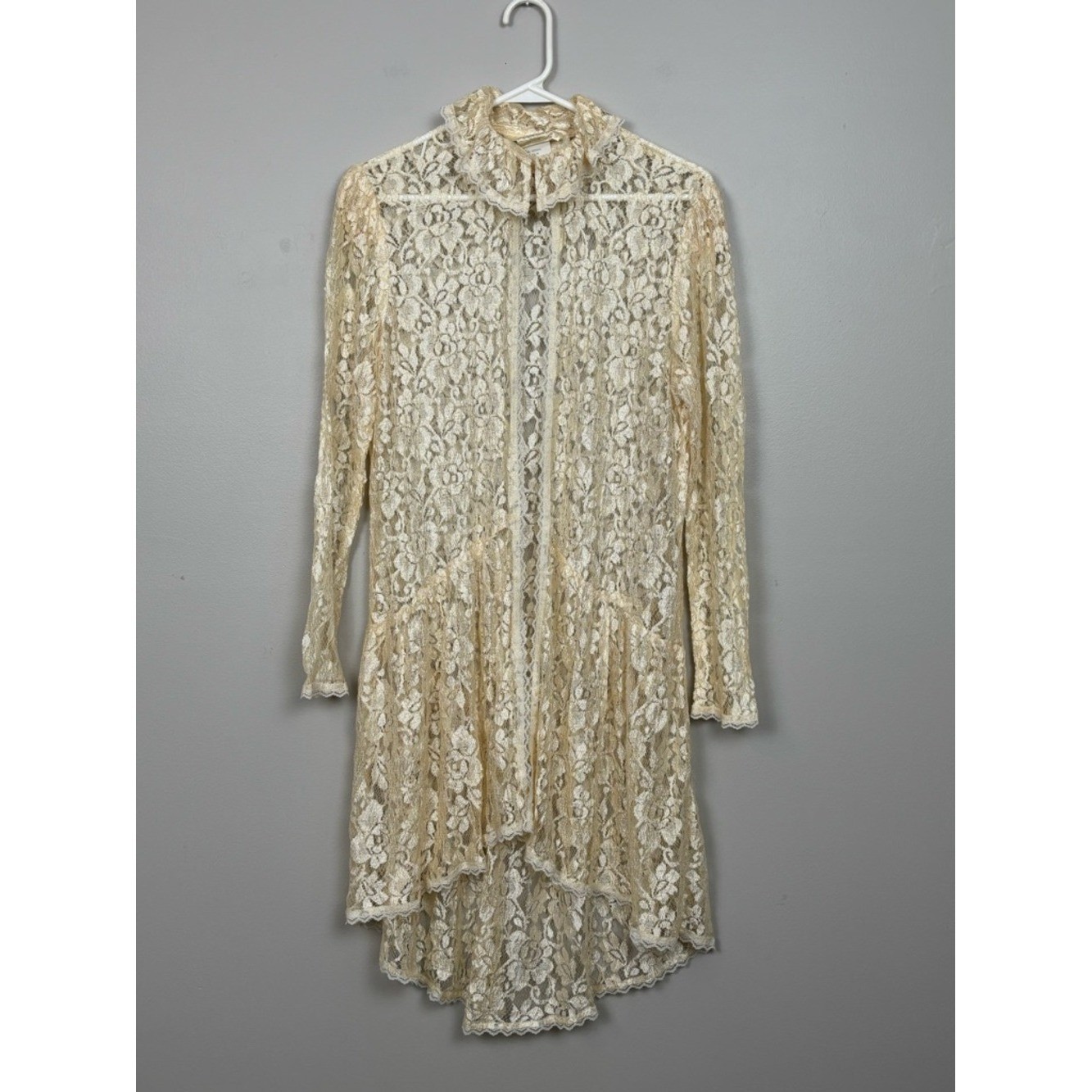 Vtg Jessica McClintock Top Women Lg Cream Lace Tunic Cardigan Victorian Coquette