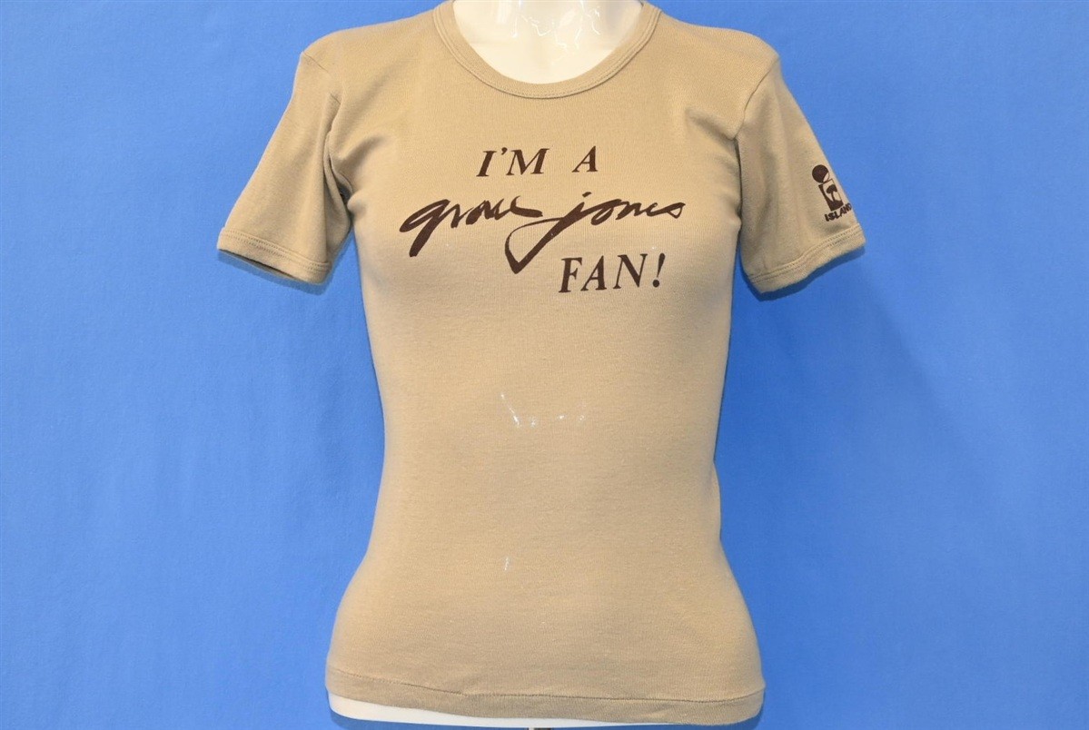 vtg 70s IM A GRACE JONES FAN PORTFOLIO ISLAND RECORDS RIB KNIT t-shirt WOMENS XS