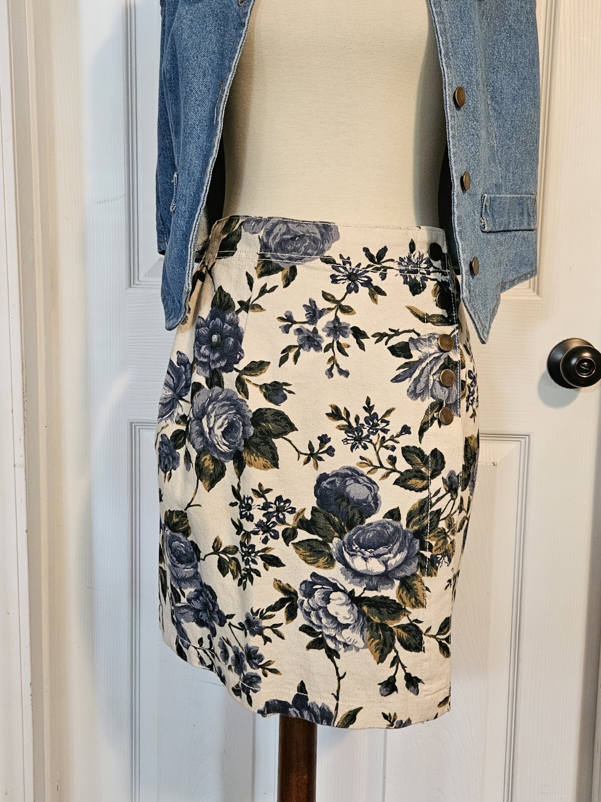 Vintage 90s Denim Skirt Vest Set Size Medium with White And Blue Florals