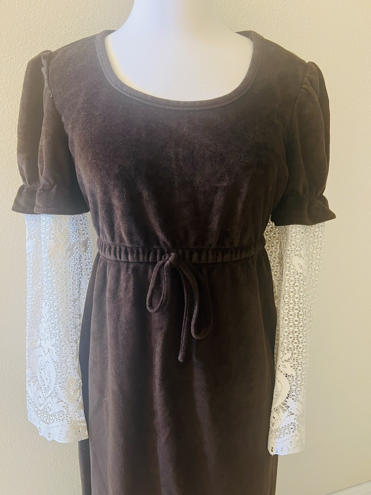 Terry Juniors VTG 70s Cottagecore Maxi Prairie Brown Bell Lace Sleeves Dress